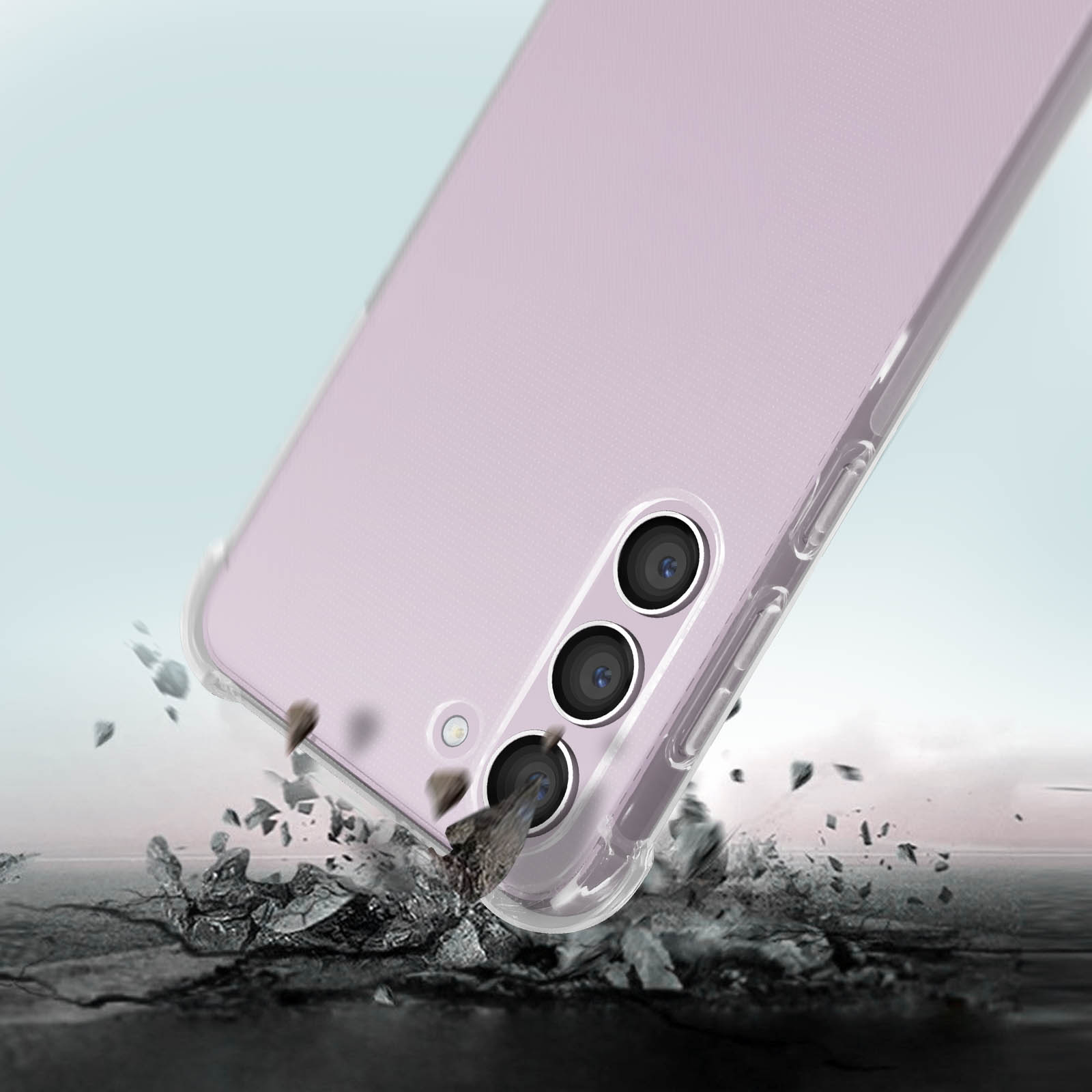 Una custodia per telefono sta cadendo e c'è una crepa sul terreno. La custodia è rosa.