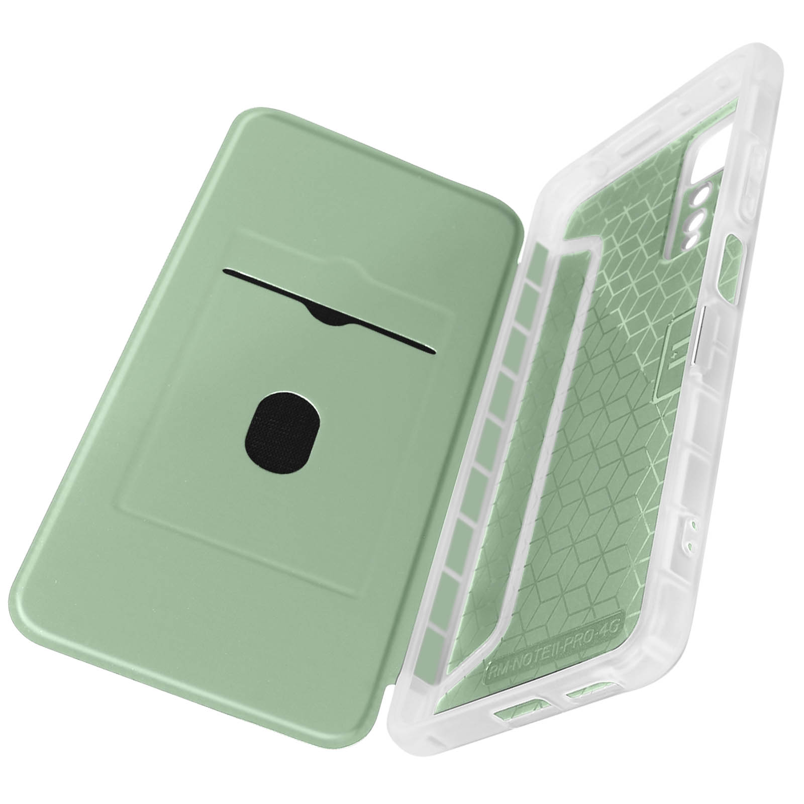 Una custodia per telefono verde menta con bordo trasparente e porta carte. La custodia è aperta.