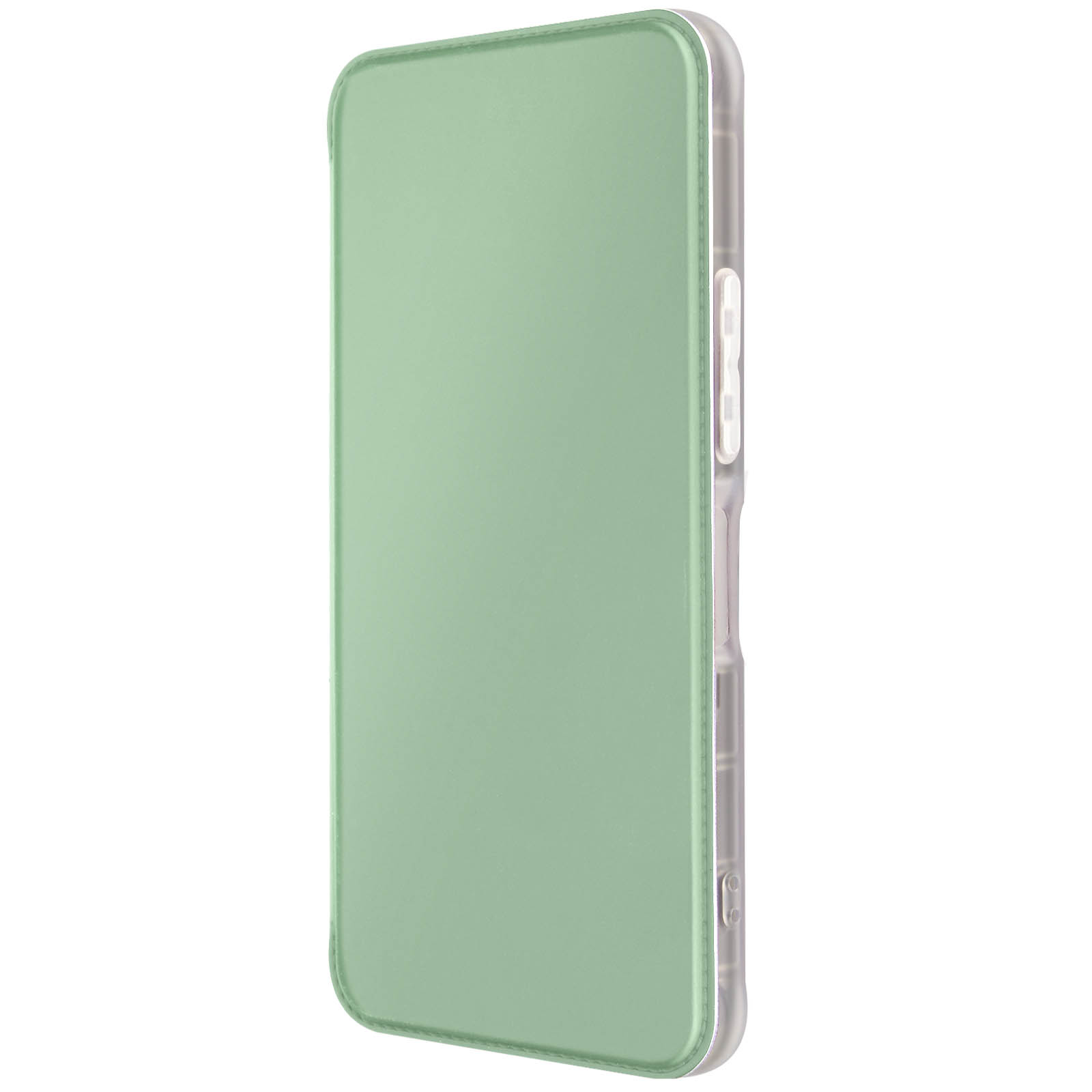 Custodia per telefono verde. Lati trasparenti, retro verde. Il retro è semplice. Pulsanti e lato visibili.