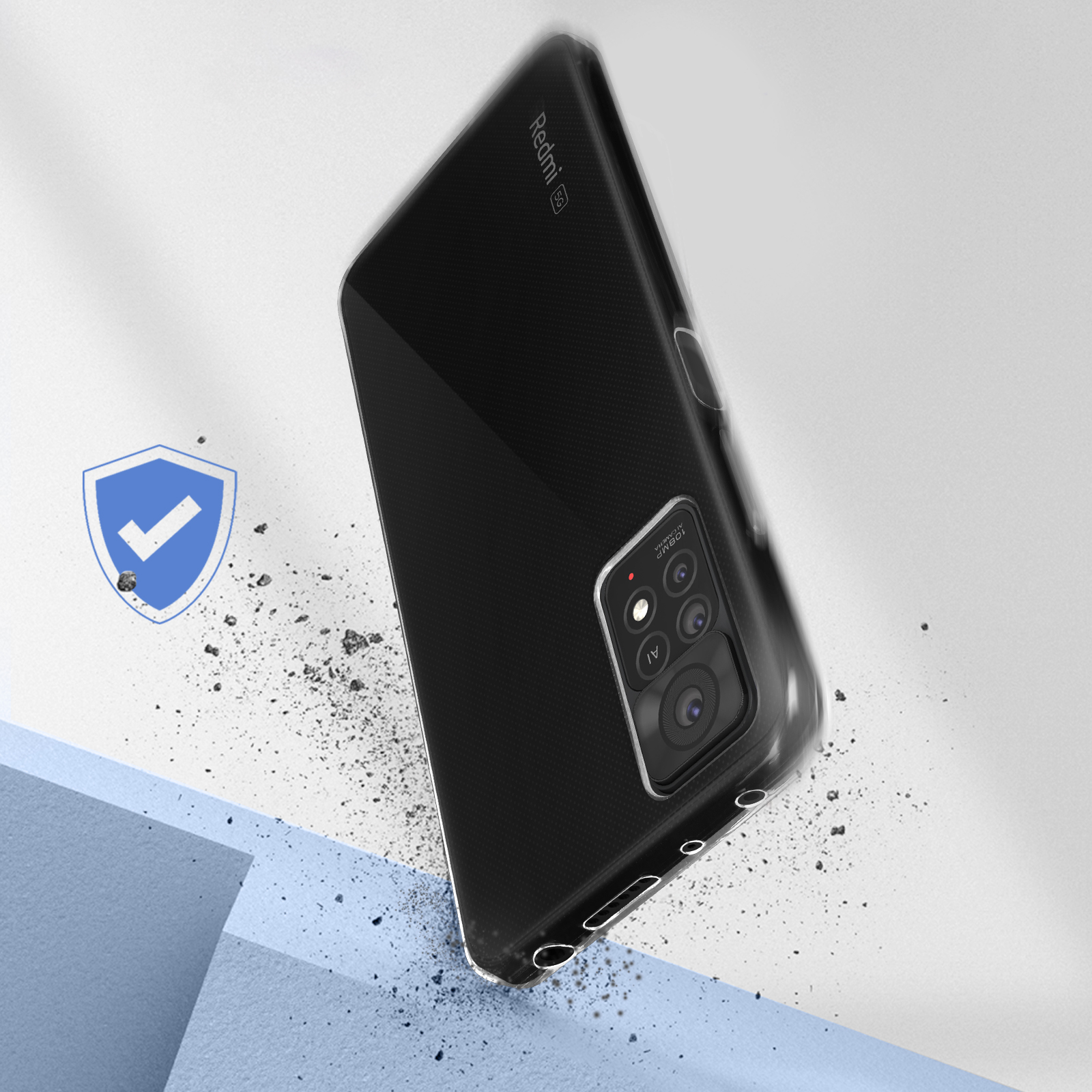 Transparente Handyhülle über einem schwarzen Telefon mit strukturierter Rückseite, das auf eine Oberfläche fällt.