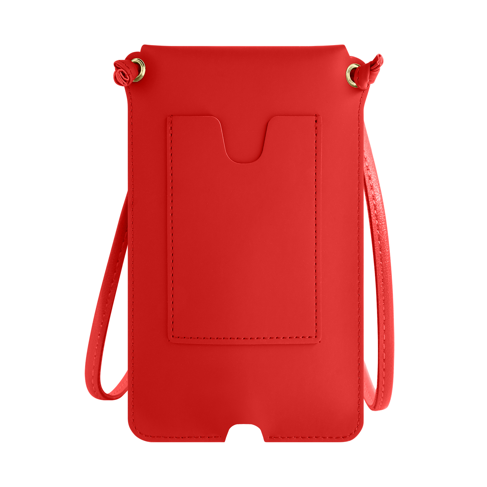 Una custodia per telefono rossa con cinturino. Ha una tasca sul retro.