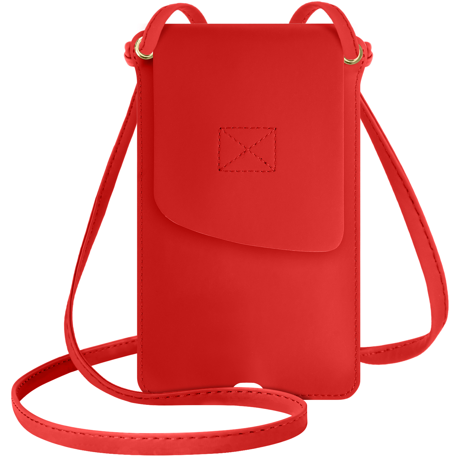 Borsa a tracolla rossa per telefono. Ha una chiusura a patta e una tracolla lunga.