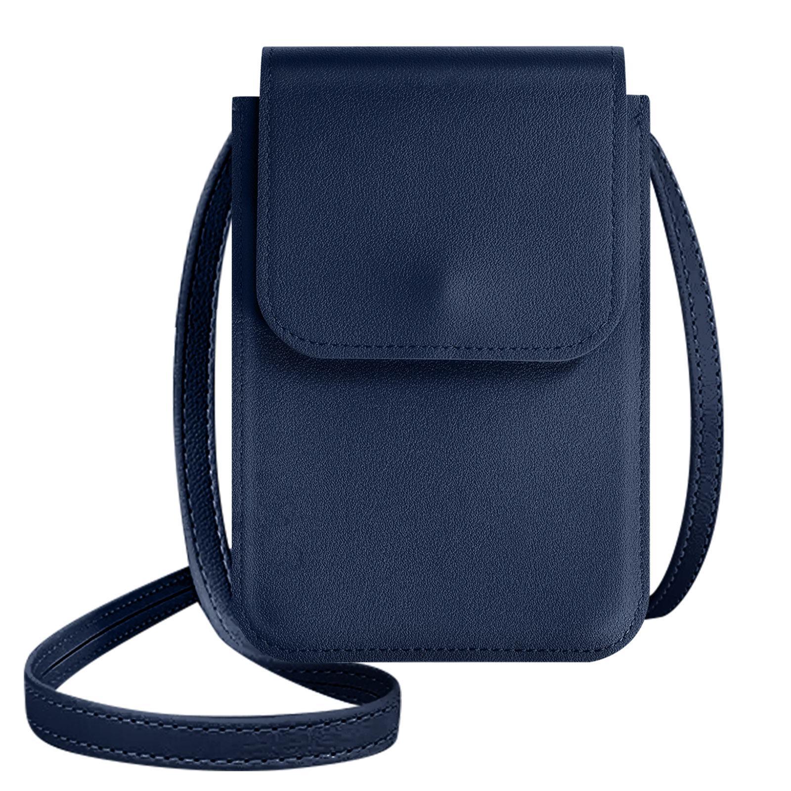 Marineblauwe telefoonhoes met een riem. De tas heeft een flap en een verstelbare riem om om de nek te dragen.