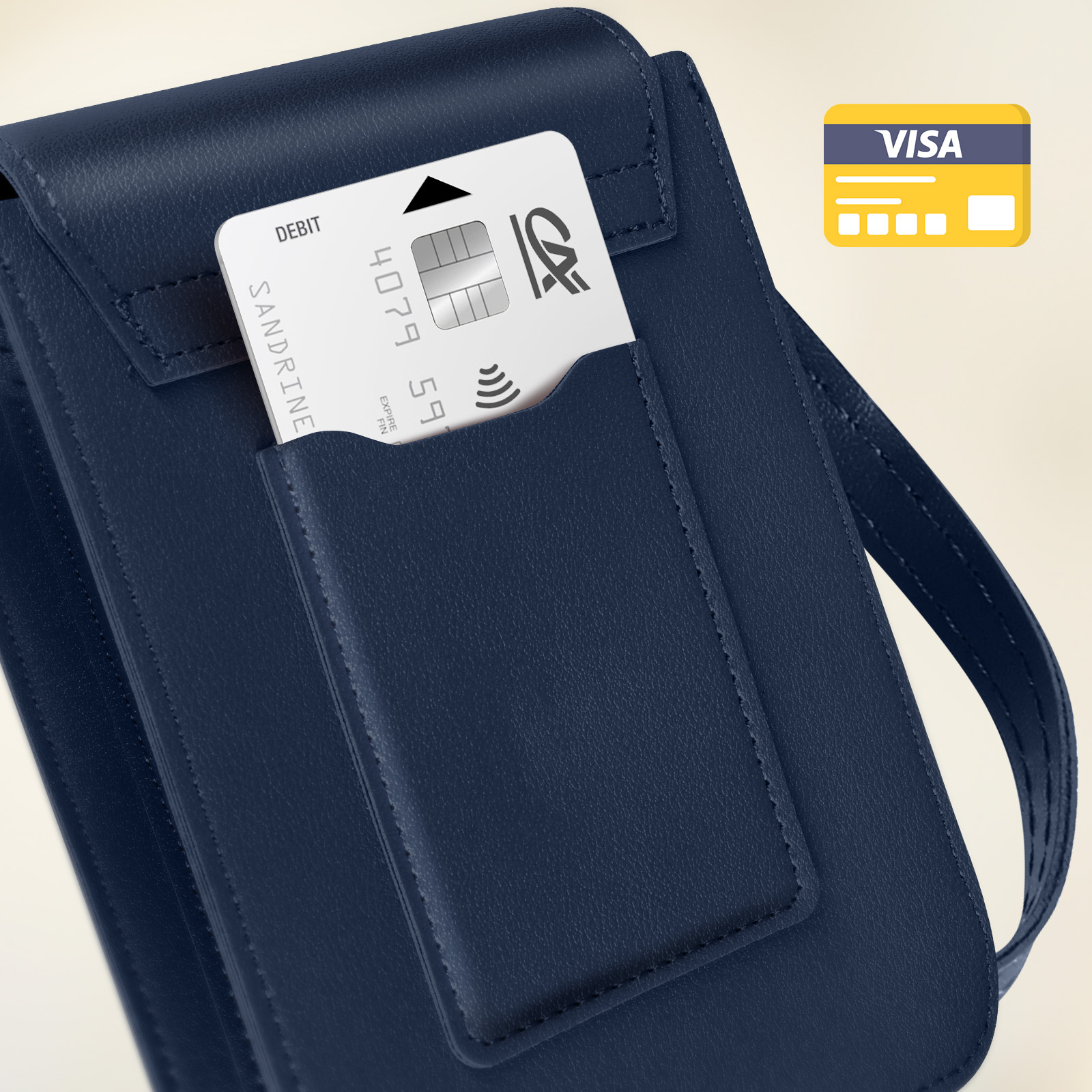 Blauwe leren telefoonhoes met een creditcard in de zak. VISA-logo wordt weergegeven. Telefoonriem aanwezig.