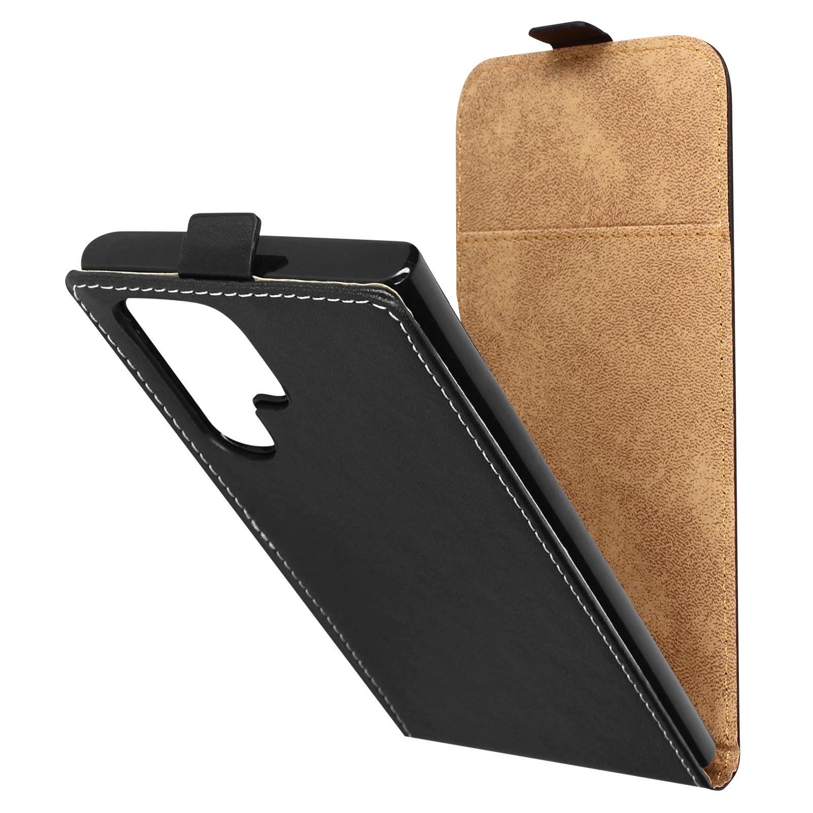 Een zwarte telefoonhoes, open, met witte stiksels en een bruin interieur. Het heeft een uitsparing voor camera's.