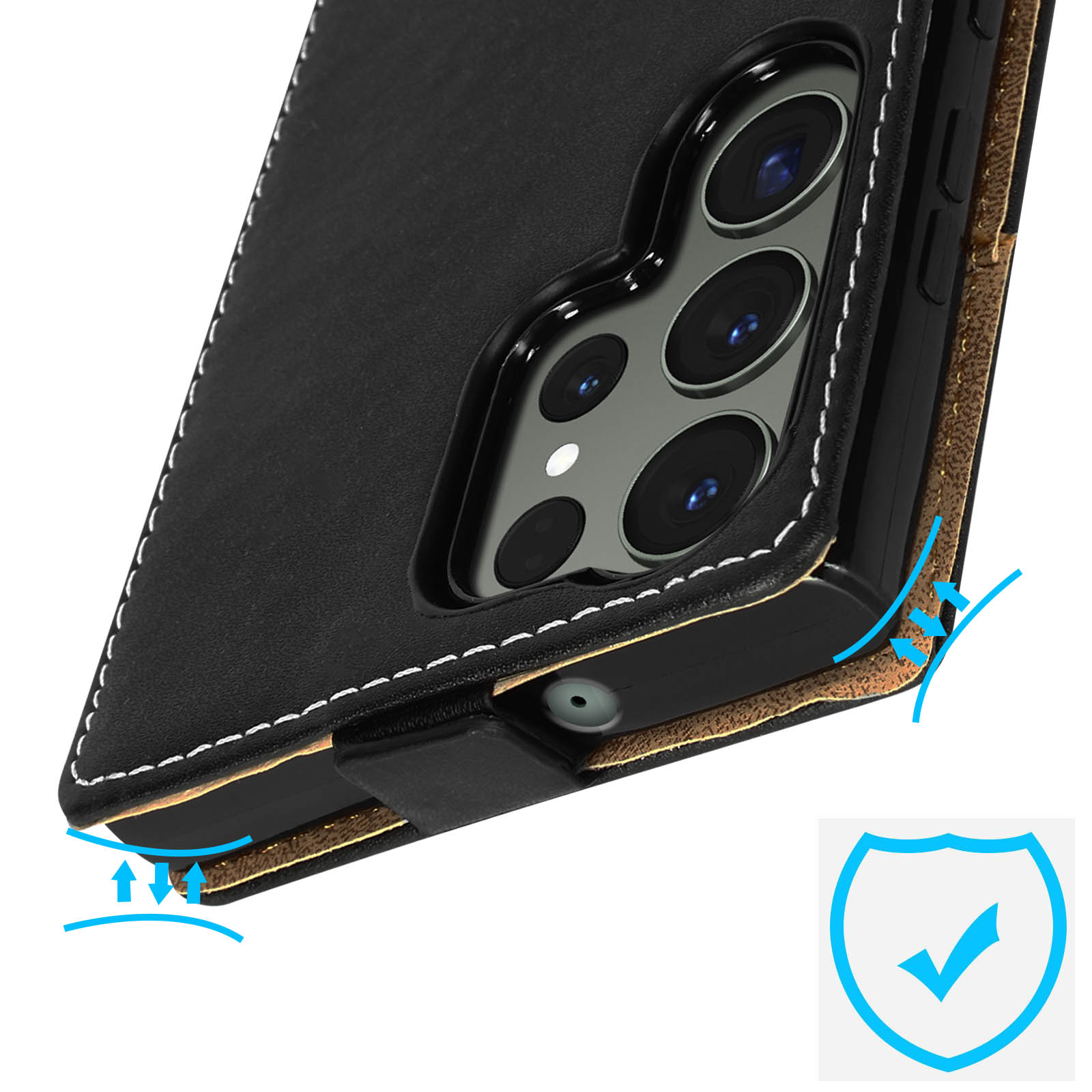 Zwarte telefoonhoes. Het heeft witte stiksels en een lederen textuur met een vinkje.