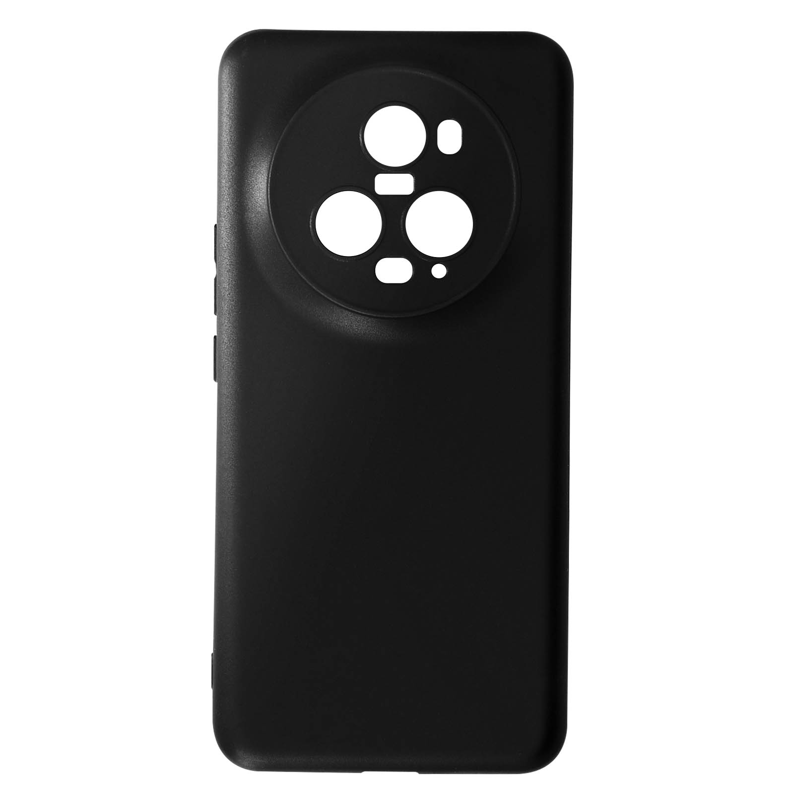 Custodia nera per telefono con ritaglio per fotocamera su sfondo bianco.