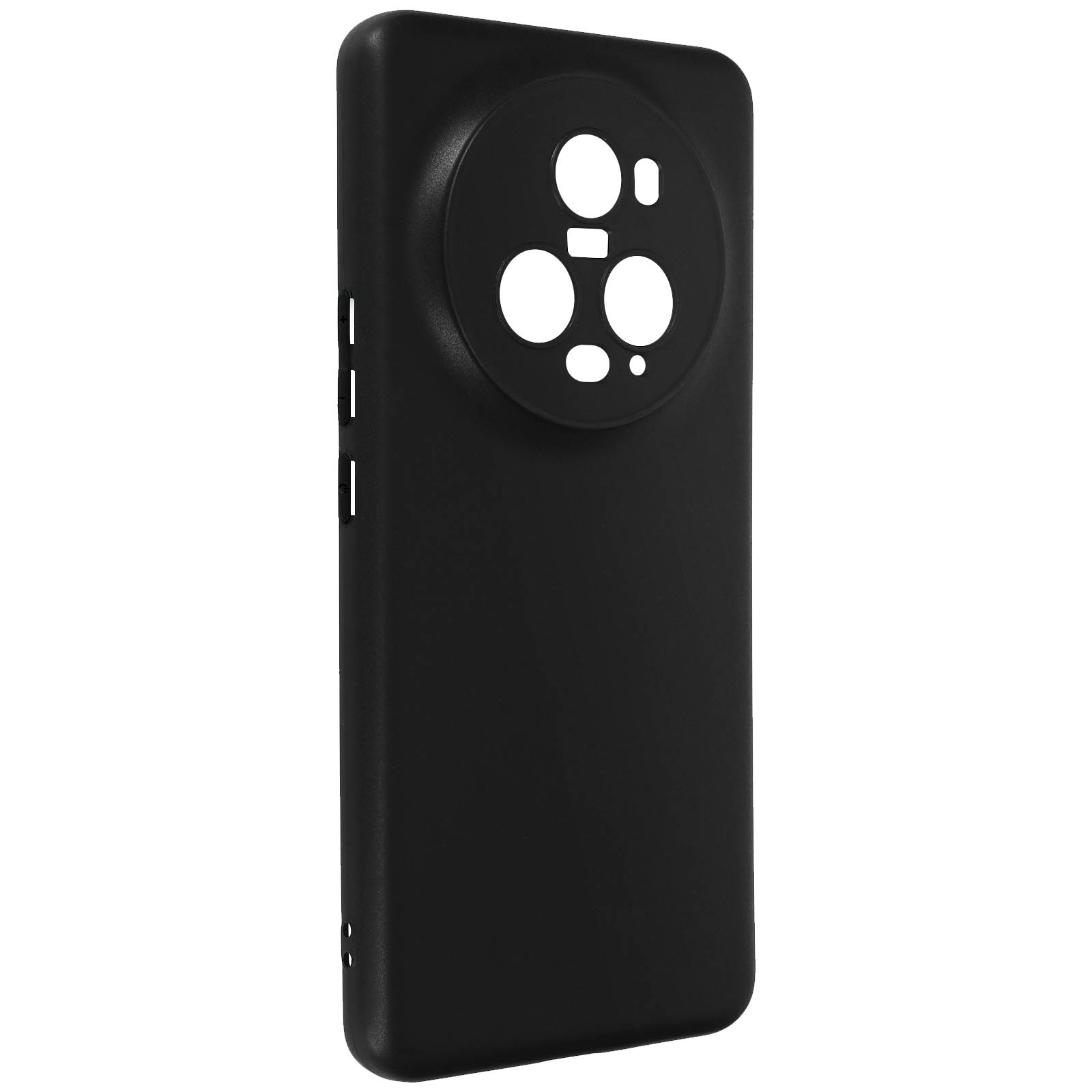 Custodia per telefono nera con ritaglio circolare per fotocamera e tre fori per lenti. Opaca e liscia.