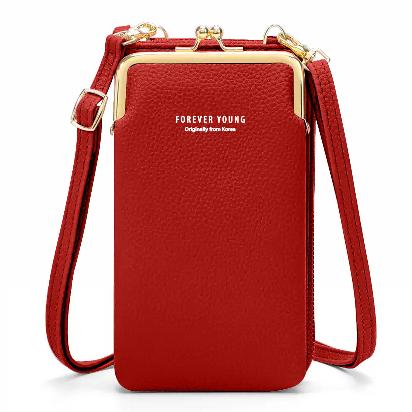 Een rode crossbody tas met een gouden sluiting wordt getoond. De merknaam is FOREVER YOUNG.