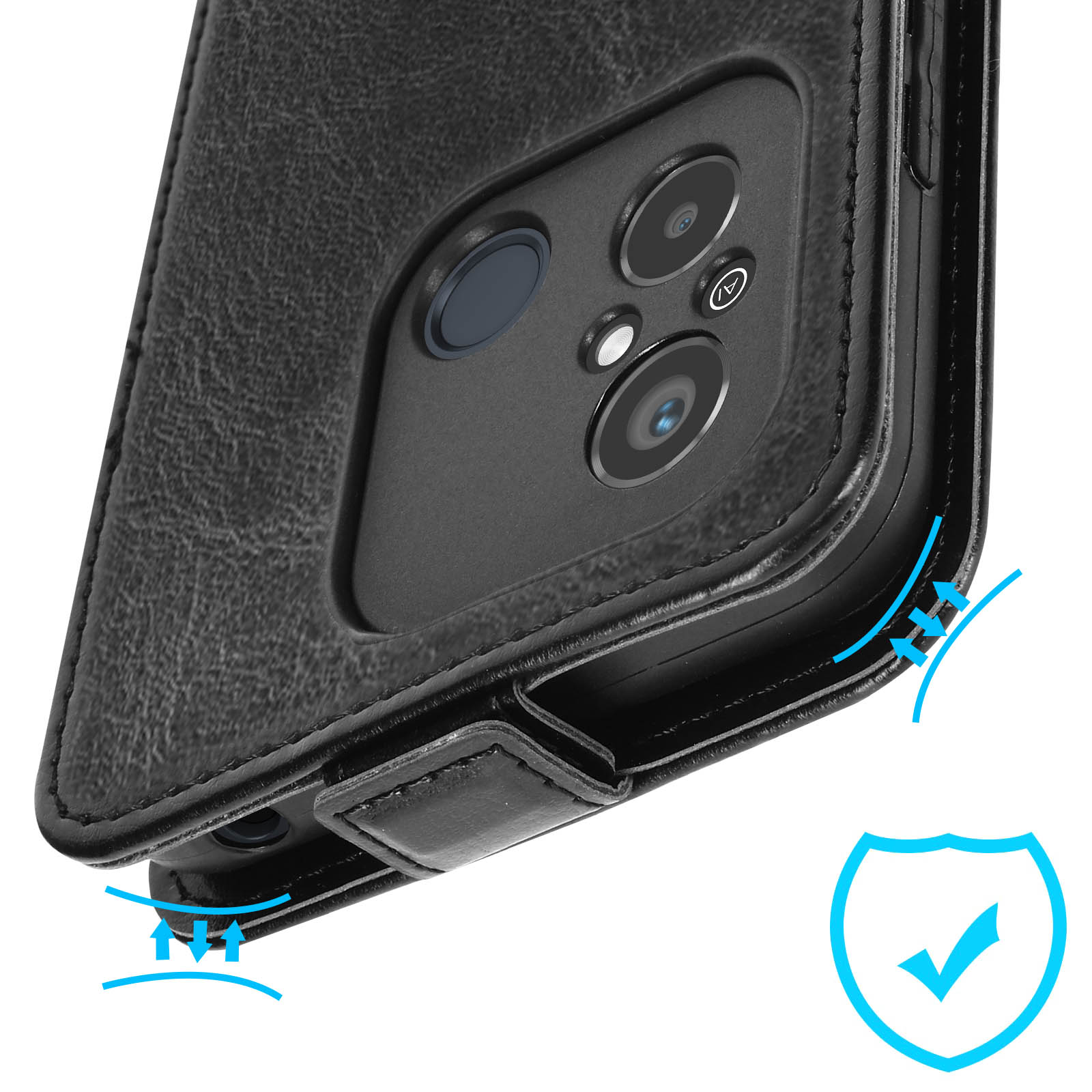 Custodia per telefono nera, aperta, che mostra l'area della fotocamera del telefono, un segno di spunta e delle frecce.
