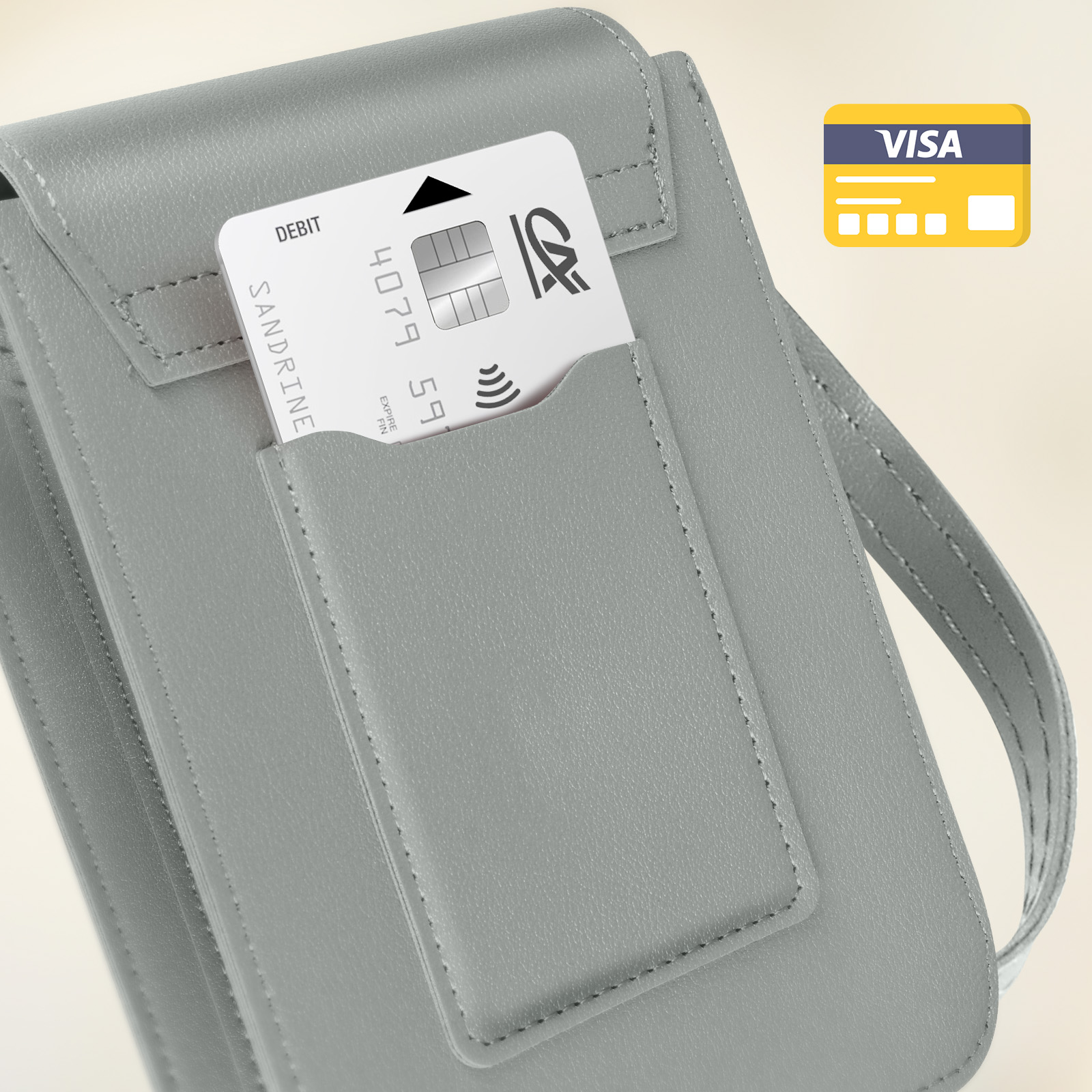 Een grijze telefoonhoes met een creditcard in de zak. Een VISA-logo staat in de rechterbovenhoek.
