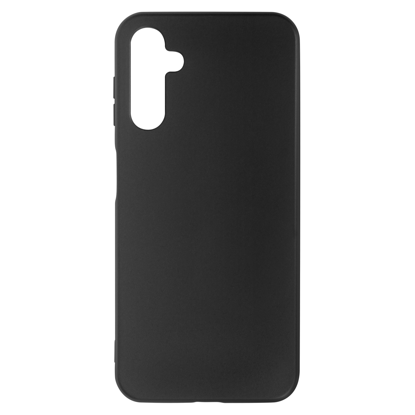 Custodia per telefono nera con foro per fotocamera in alto. Sfondo bianco.