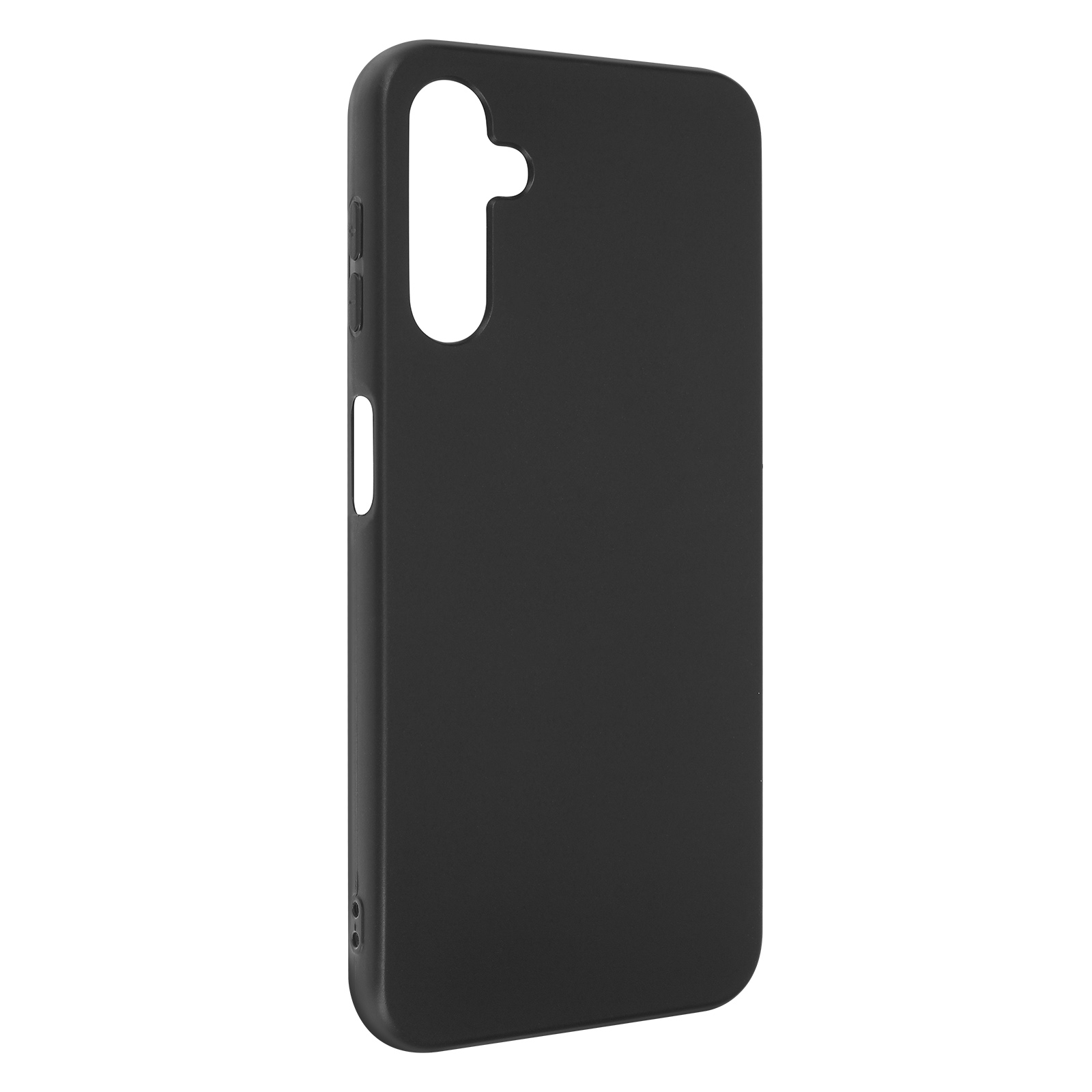 Una custodia per telefono nera con fori per la fotocamera e i pulsanti.