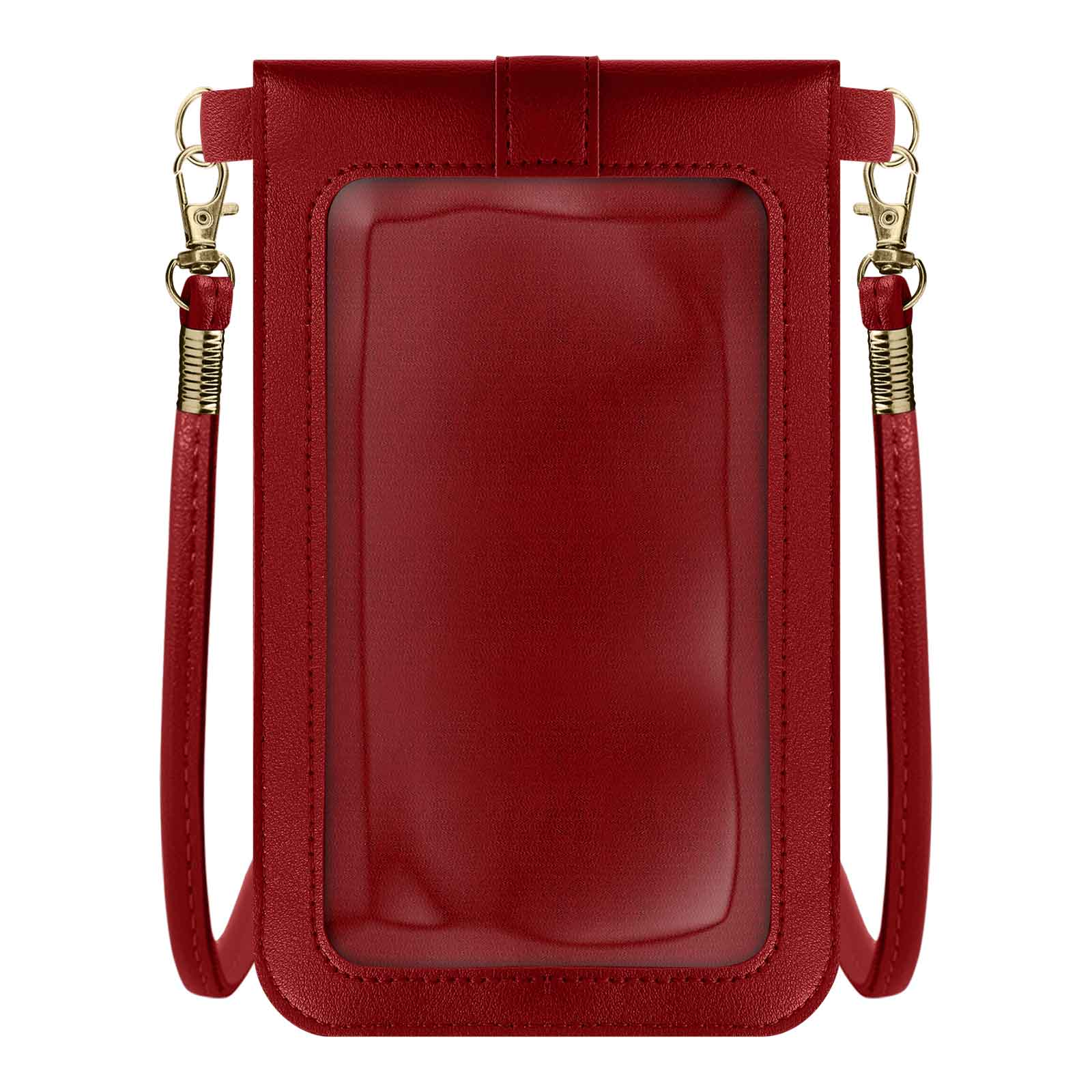 Una borsa a tracolla rossa per telefono con una finestra trasparente per il telefono e dettagli dorati.