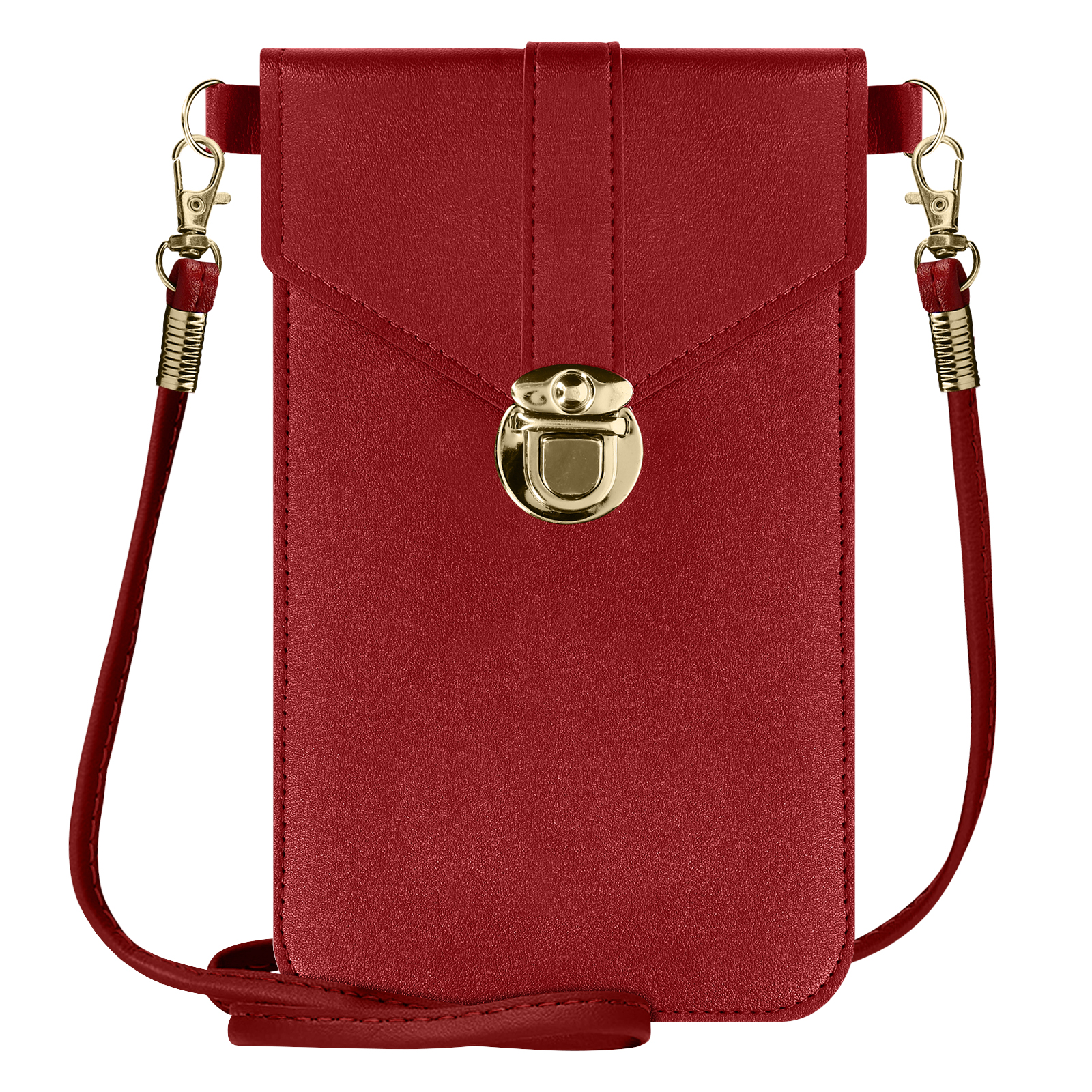 Borsa rossa per telefono con chiusure e cinturino dorati. Chiusura dorata assicura la patta.