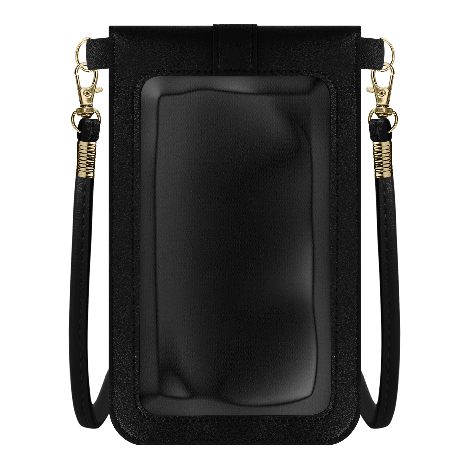 Borsa per telefono in pelle nera con finestra trasparente e dettagli dorati. Bianco.