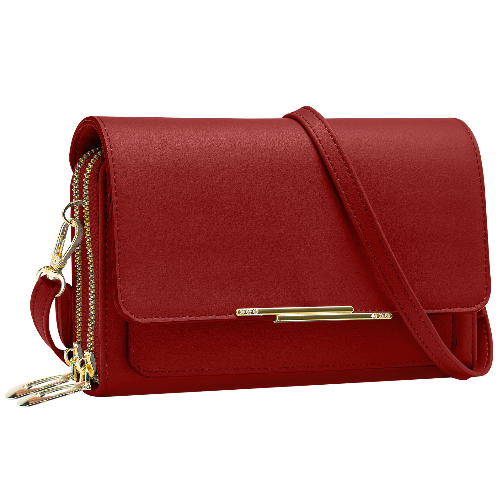 Borsa a tracolla rossa con tracolla lunga e cerniera dorata. La borsa è rettangolare.