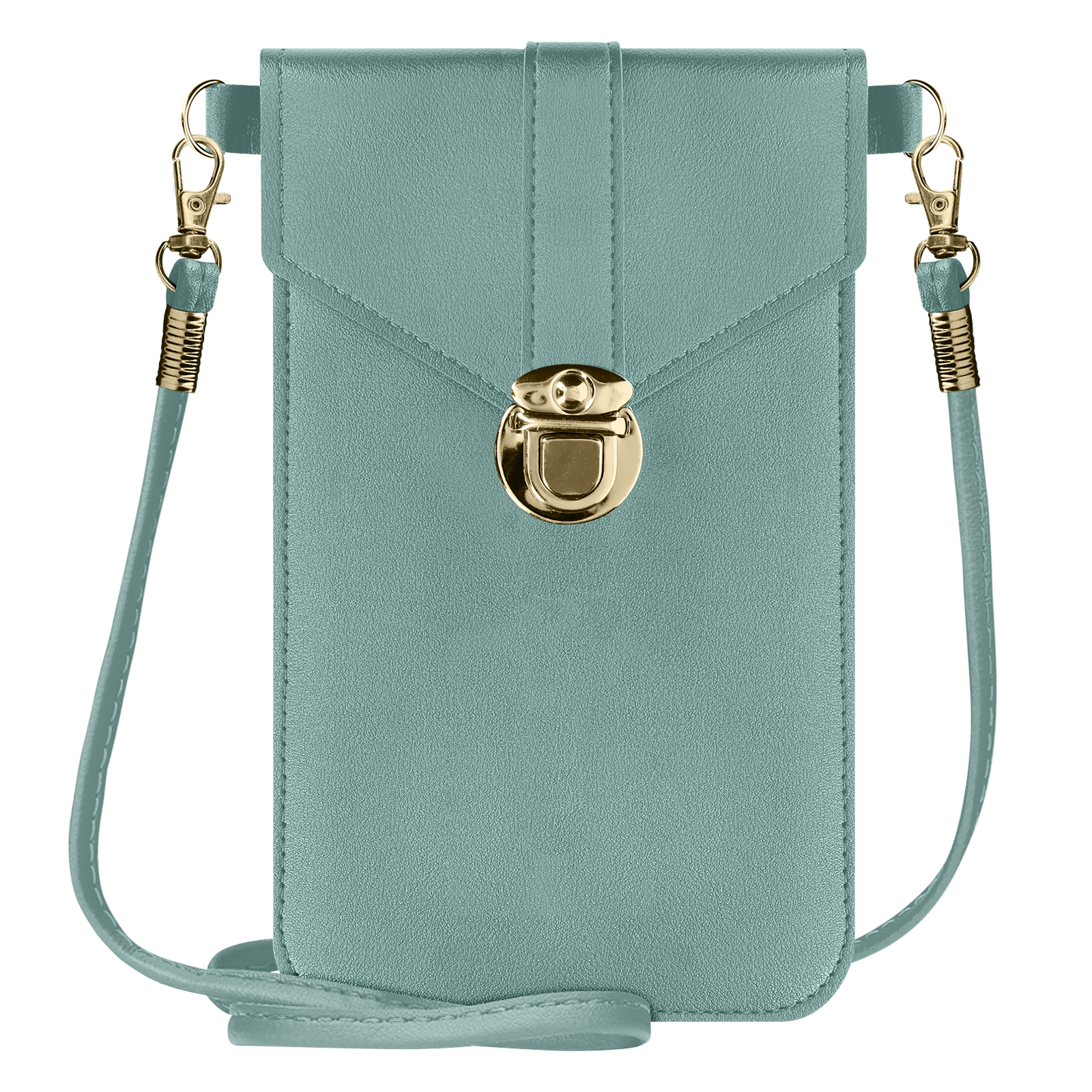 Una borsa per telefono color verde acqua con chiusura e tracolla dorate. Sfondo bianco.