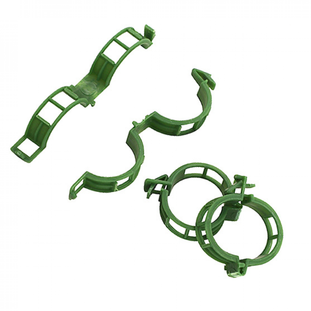 Grüne Pflanzenclips, verschiedene Formen, zur Unterstützung von Pflanzen im Garten.