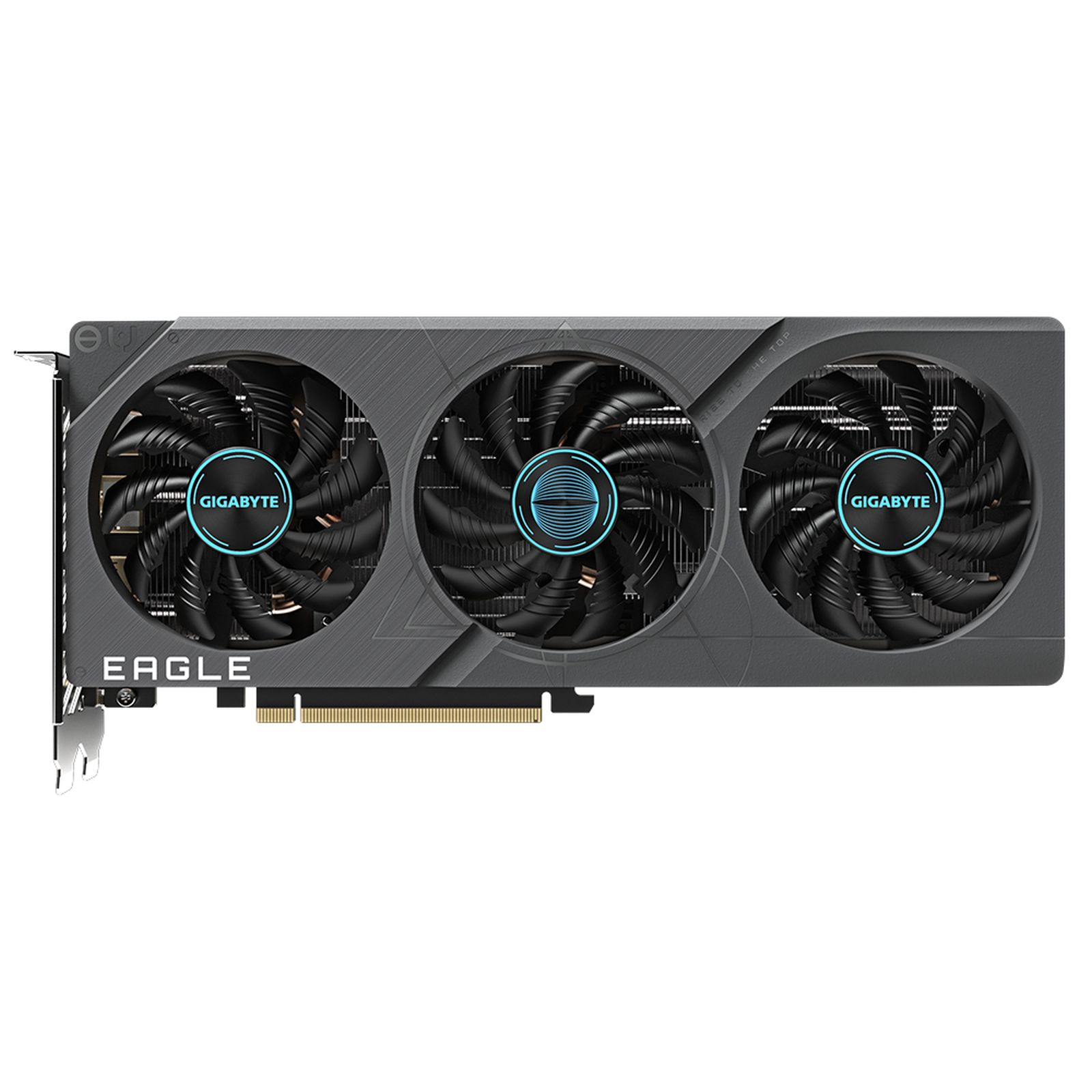 Una scheda grafica nera e grigia con tre ventole, il marchio GIGABYTE è visibile.
