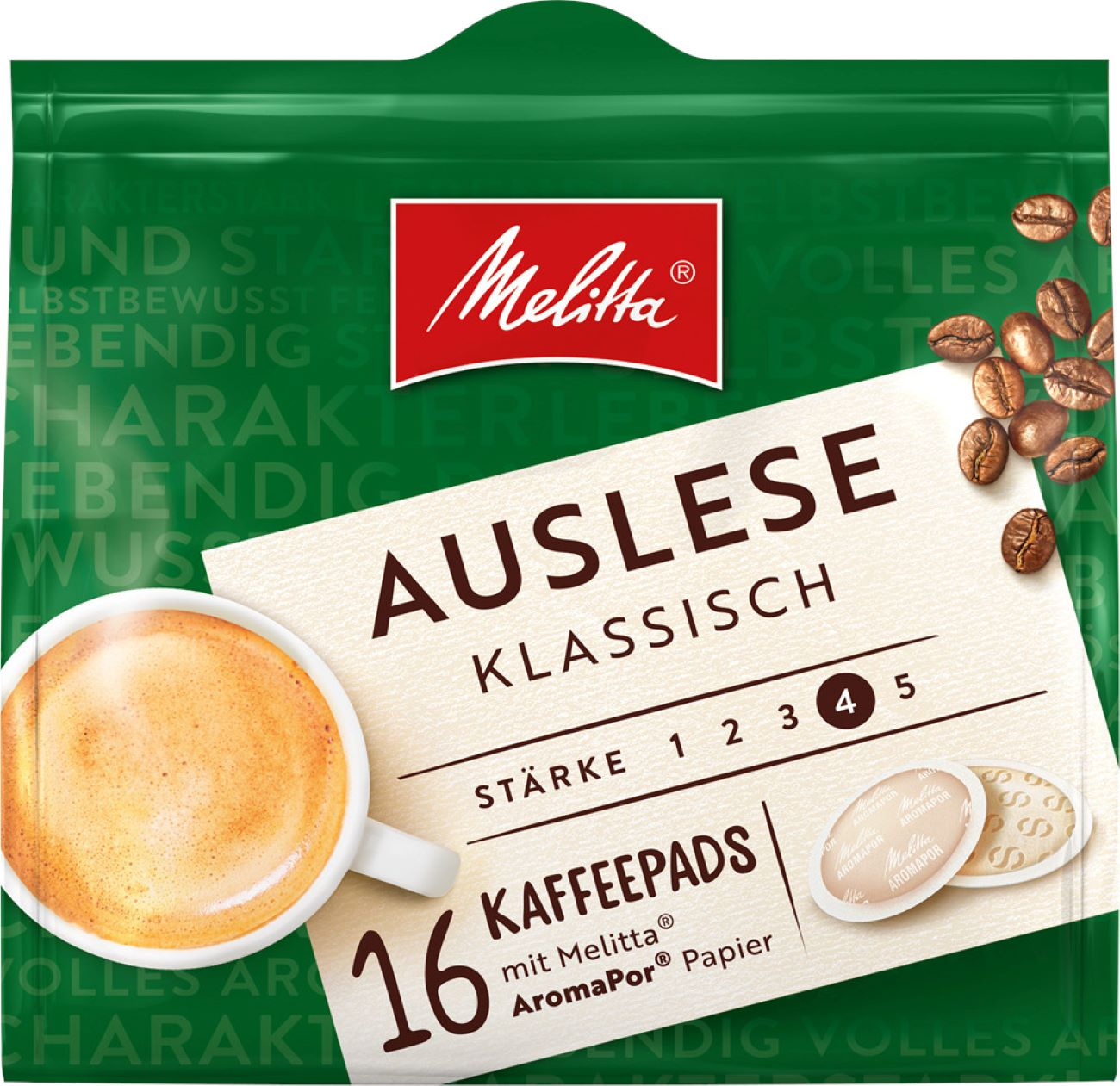 Eine Packung Melitta Kaffeepads. Eine Tasse Kaffee und Kaffeebohnen sind ebenfalls abgebildet. Die Verpackung ist grün.