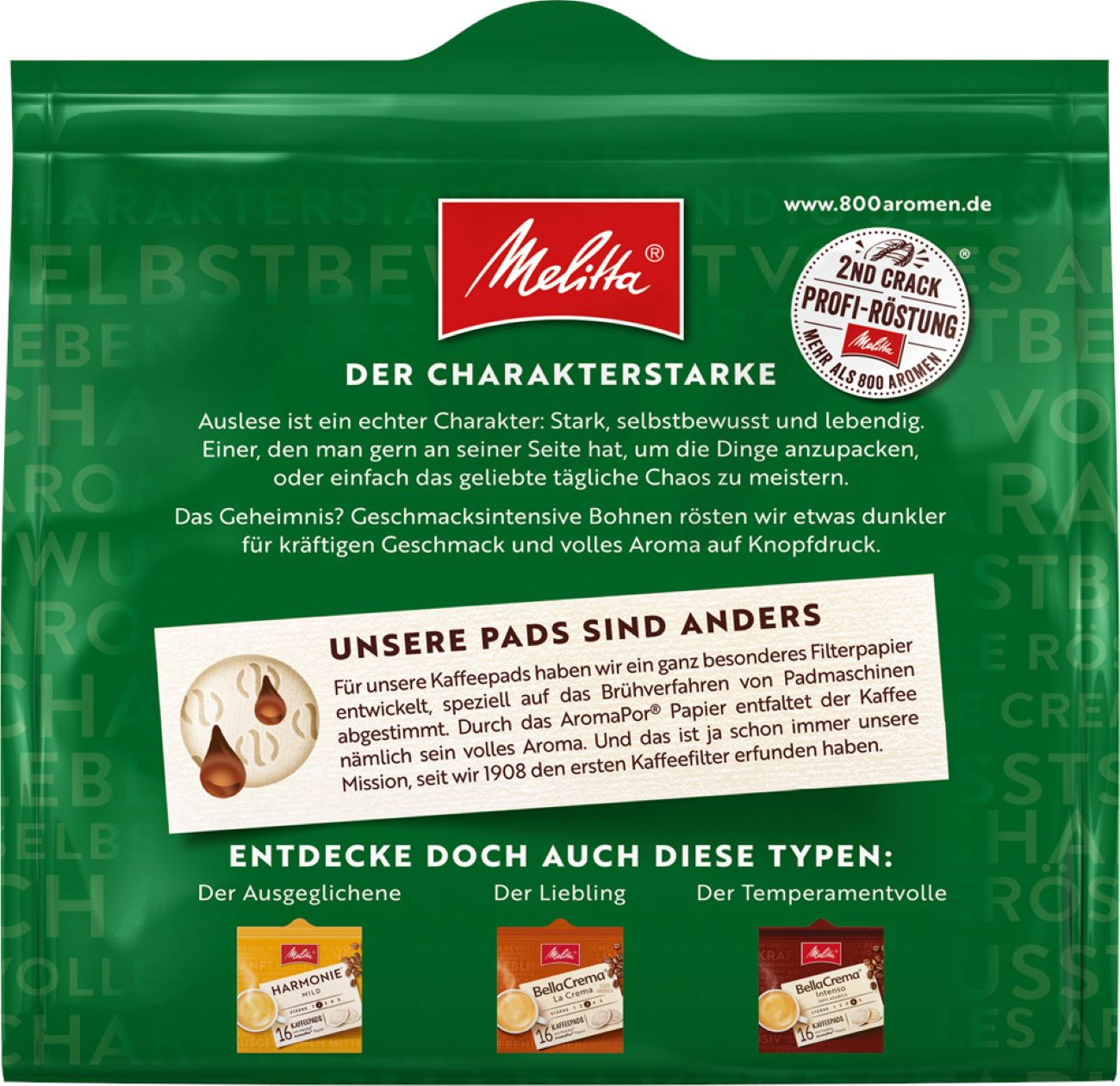 Eine Kaffeepad-Verpackung mit Text und Bildern, die ein Produkt mit grünem Hintergrund zeigt.