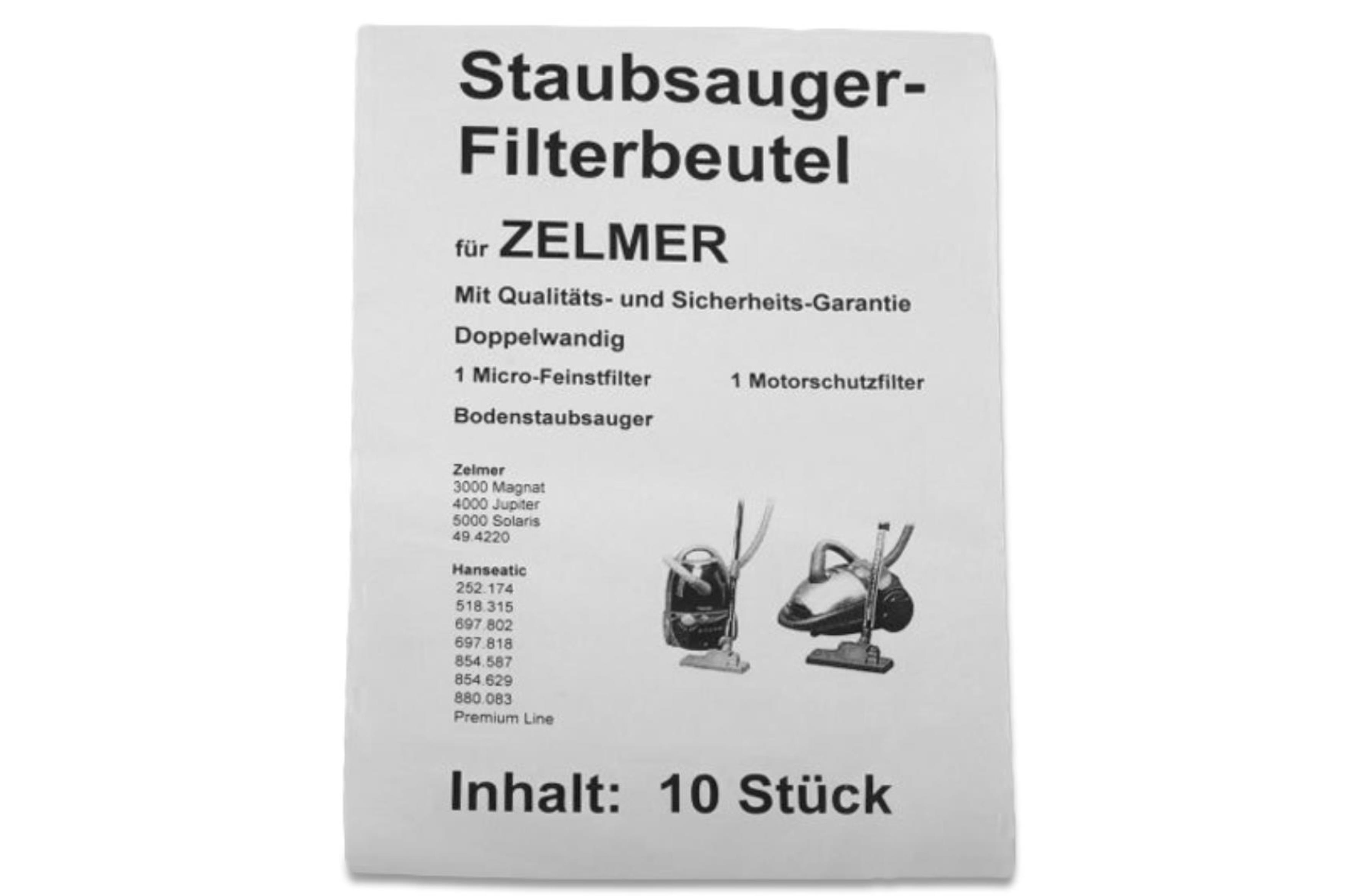 Staubsaugerbeutel-Verpackung. Text auf Deutsch, zeigt Bilder von Staubsaugern und Staubsaugerbeutel.