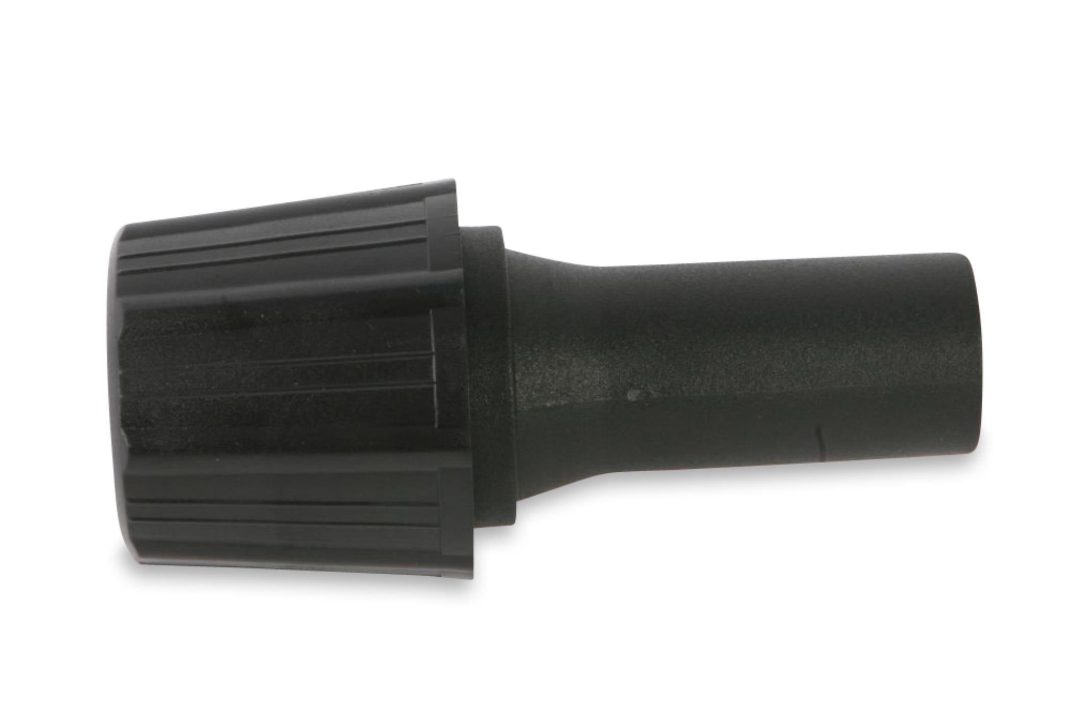 Schwarzer Kabelverbinder mit sechseckiger Form, auf weißem Hintergrund.