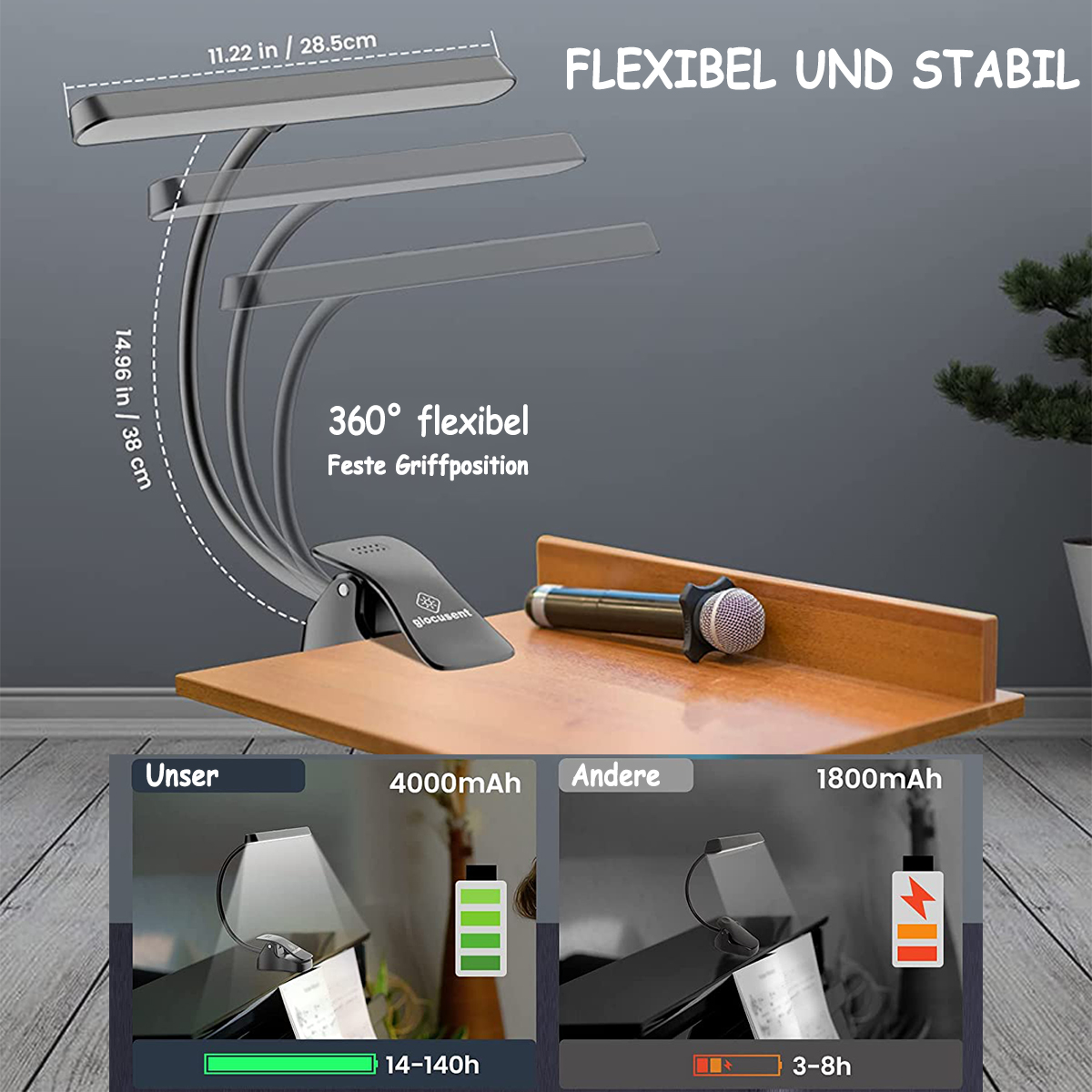 Eine Schreibtischlampe mit Text und Daten, die Flexibilität und Akkulaufzeit zeigt.