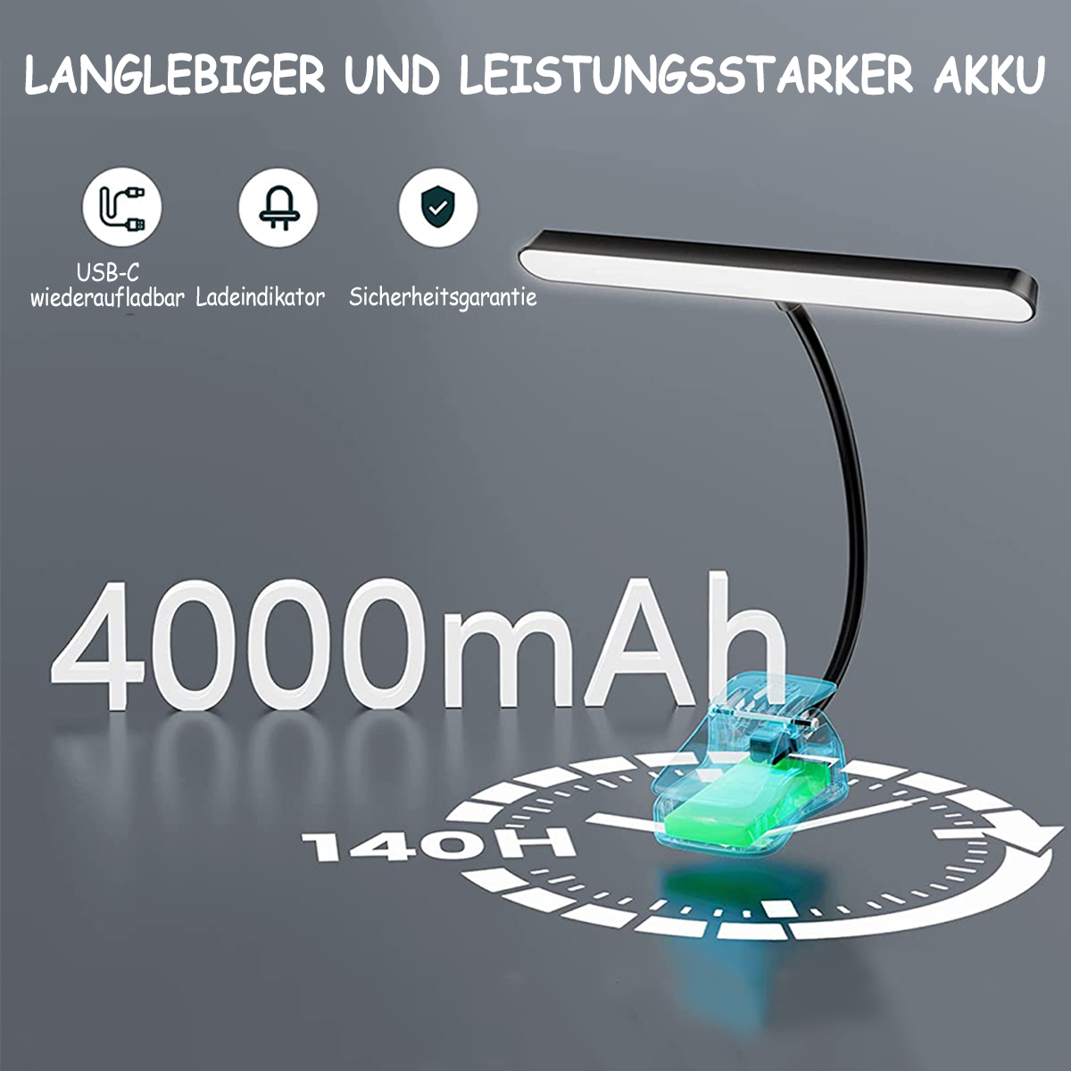 Eine schwarz-weiße Schreibtischlampe mit flexiblem Hals und USB-Ladekabel.