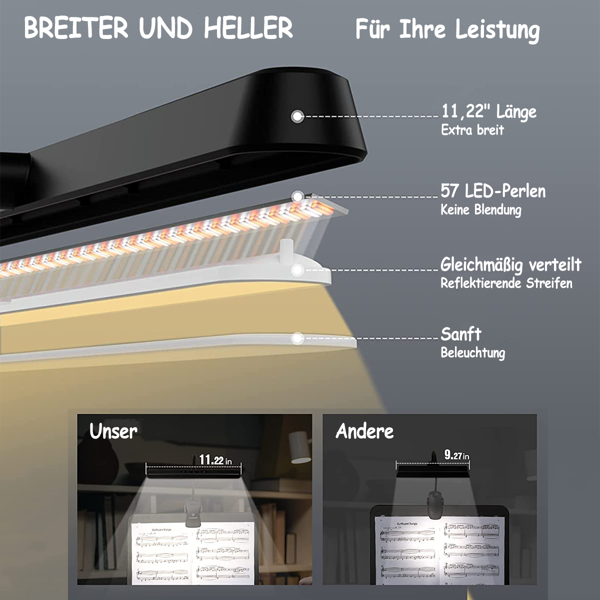 Eine schwarze LED-Lichtleiste mit Text. Sie hat 57 LEDs und reflektierende Streifen.