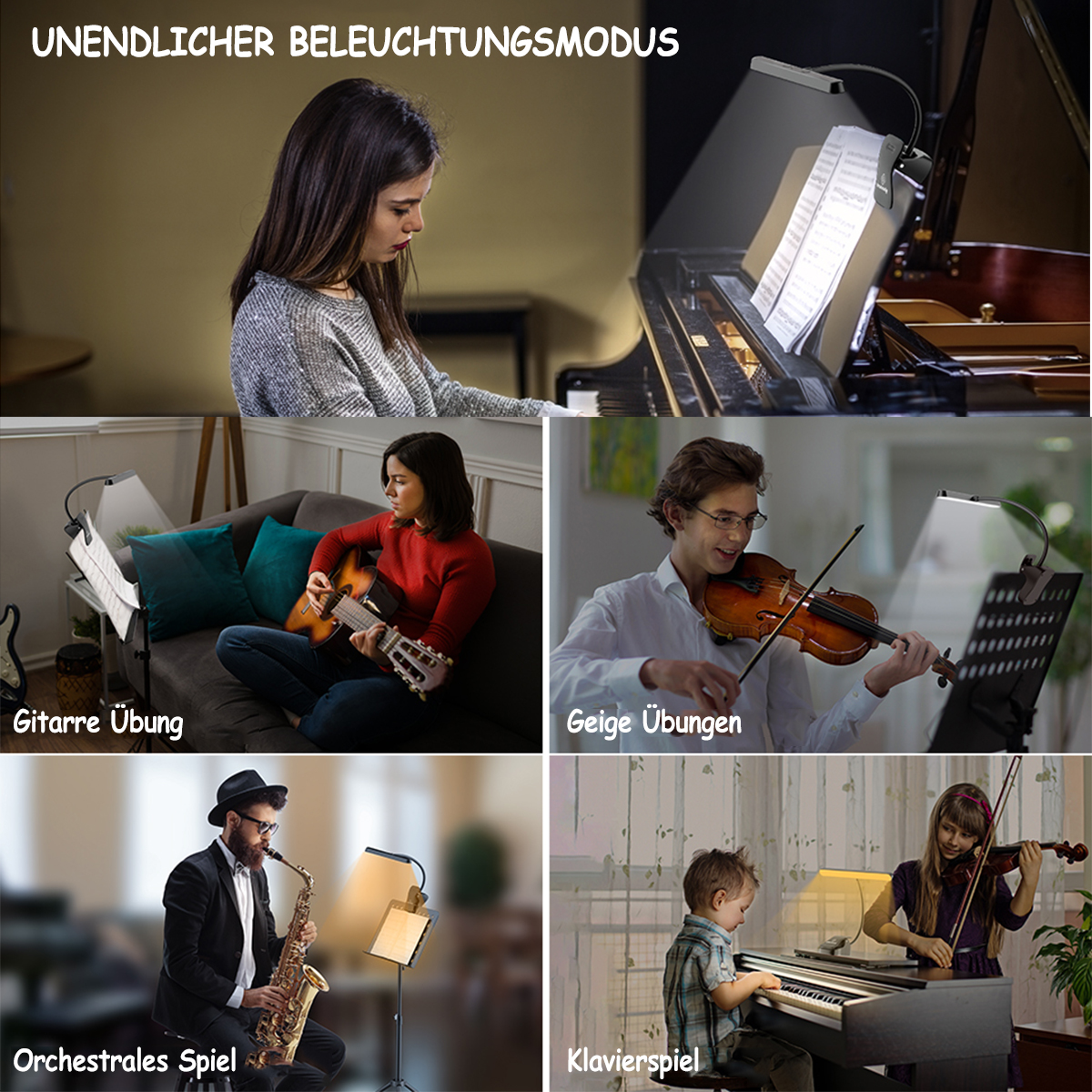 Mehrere Szenen von Musikern, die Instrumente mit Notenständerlichtern spielen. Verschiedene Instrumente.