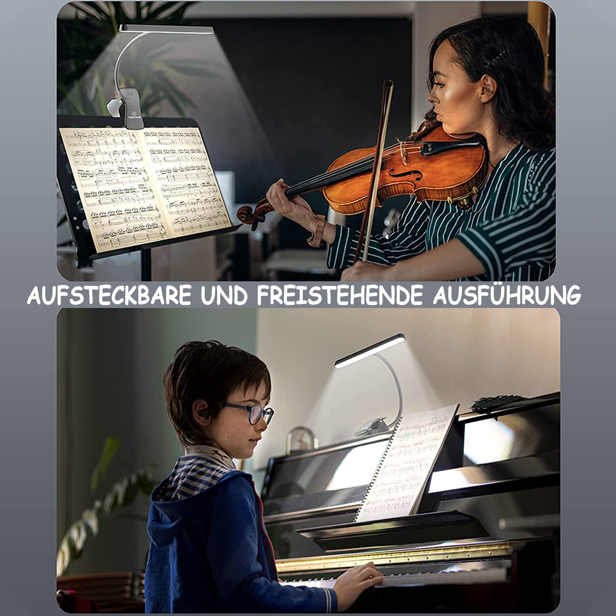 Zwei Bilder von Lampen für Notenständer. Eins mit einer Frau, die Geige spielt, das andere ein Kind.