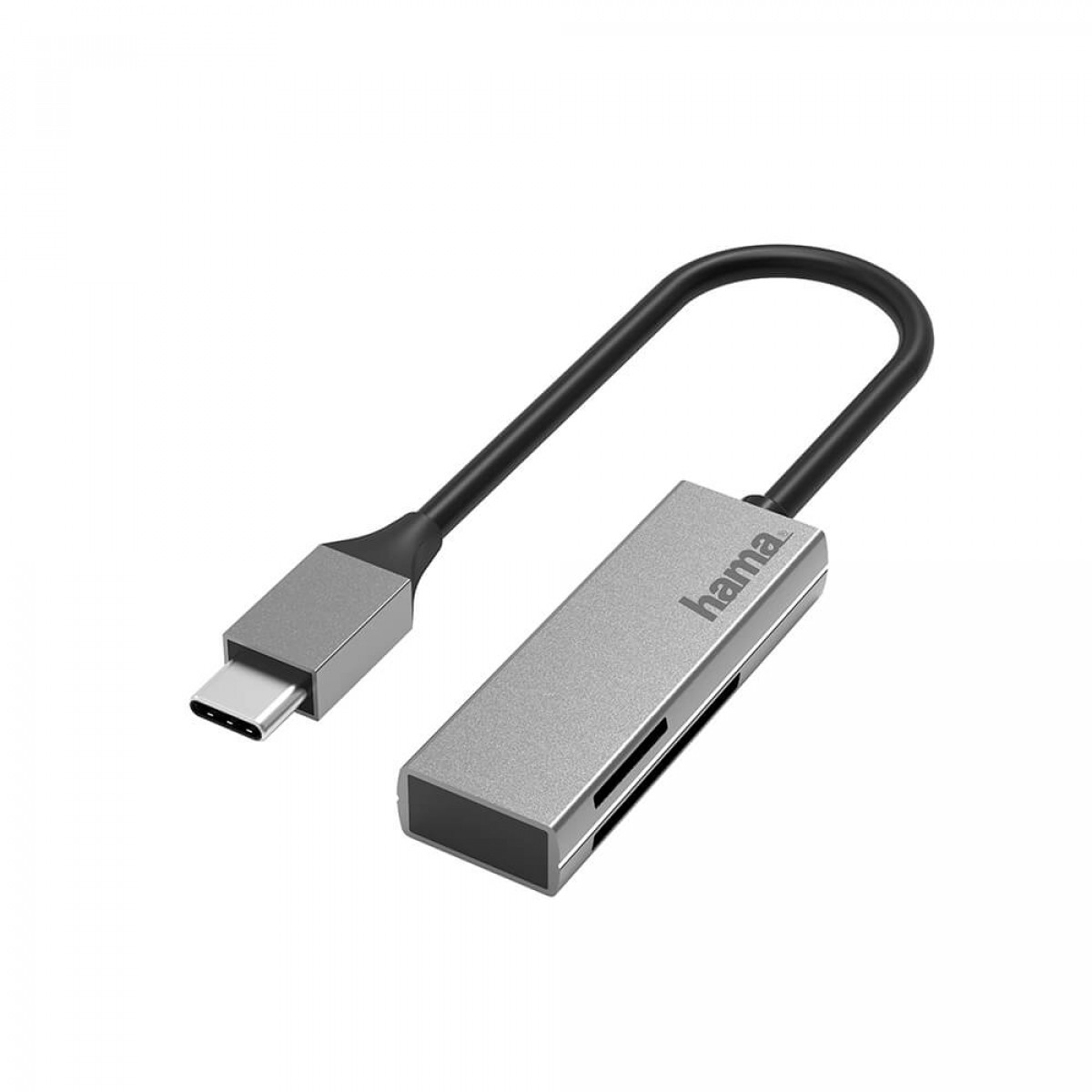 Srebrny adapter USB-C na USB. Czarny elastyczny kabel. Logo Hama z boku.
