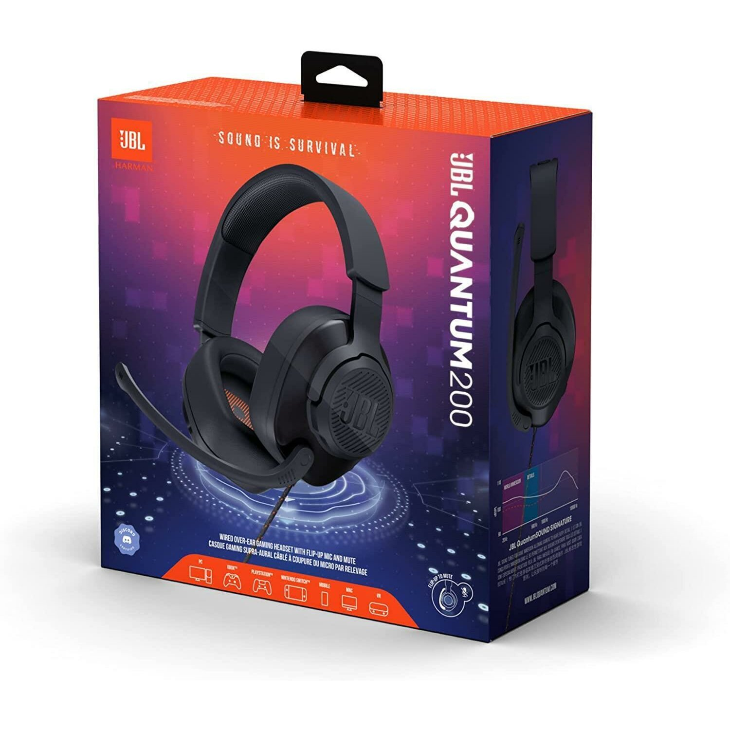 Ein JBL Gaming-Headset in seiner Box. Die Box ist orange und schwarz.
