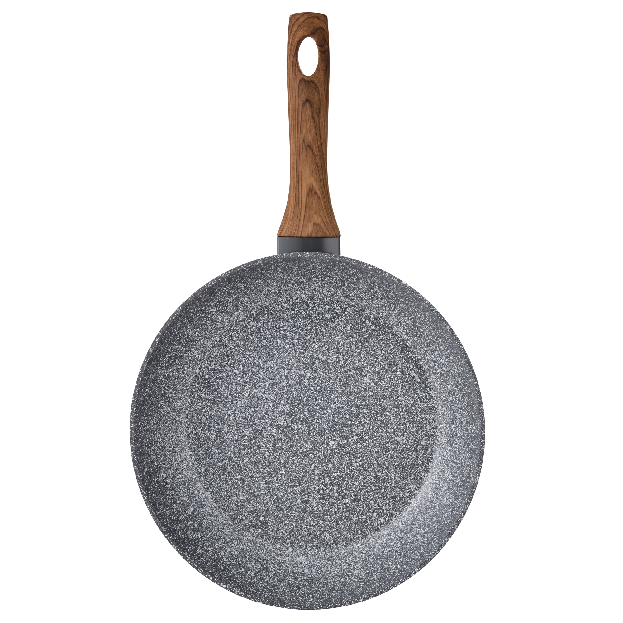 Una sartén con interior gris moteado, mango de madera. Fondo blanco.