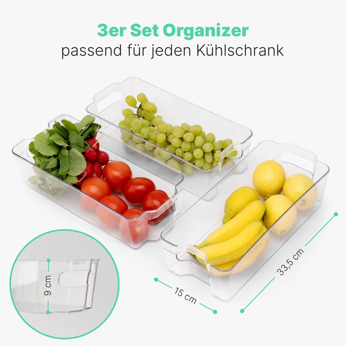 Drei transparente Lebensmittelbehälter mit Lebensmitteln gefüllt. Mit Abmessungen beschriftet.