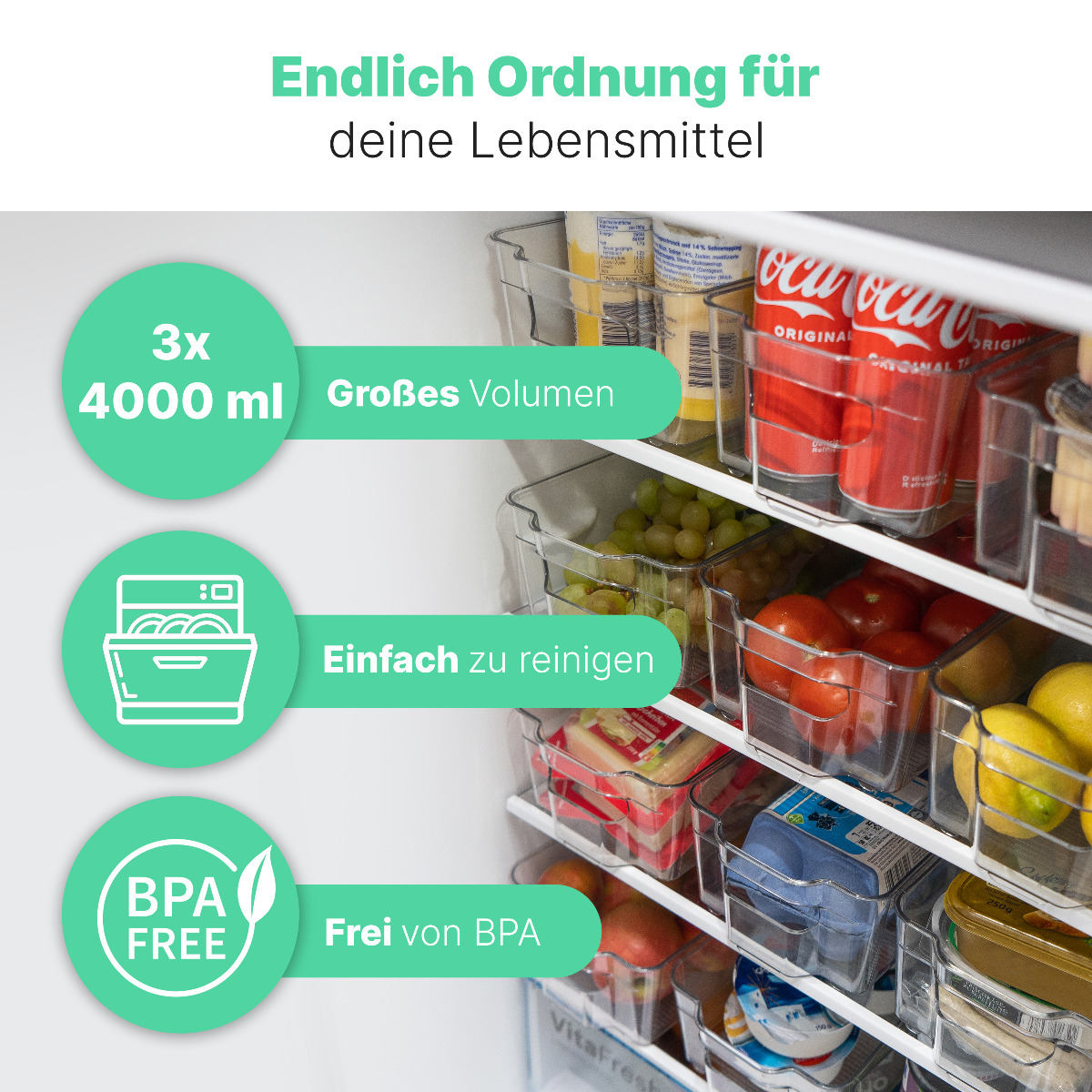 Ein Kühlschrankinnenraum gefüllt mit transparenten Aufbewahrungsbehältern mit Lebensmitteln.