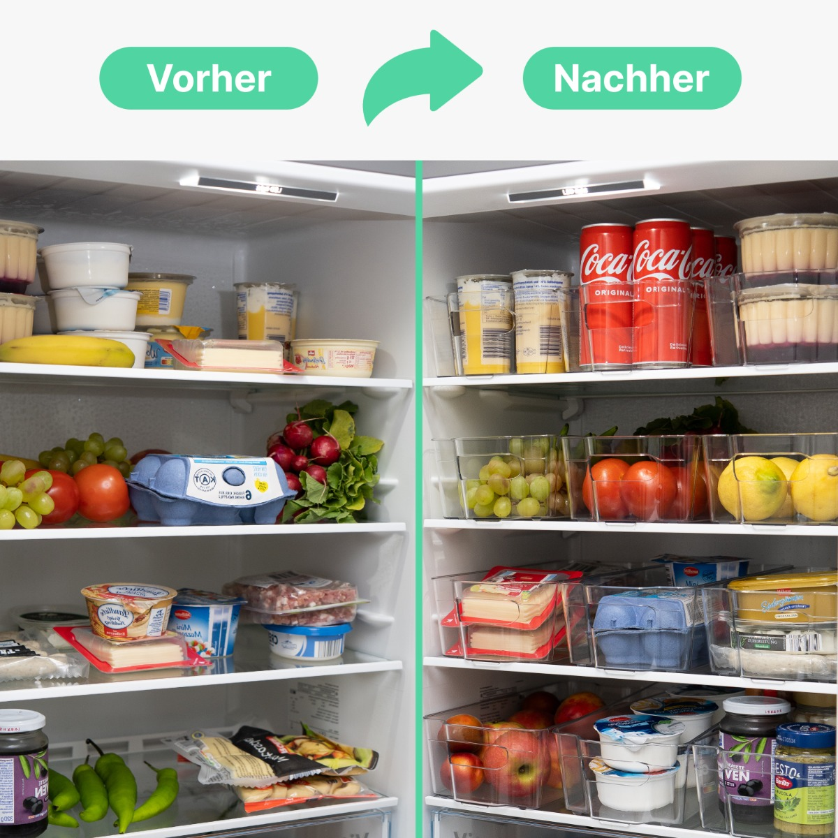 Kühlschrank vor und nach der Organisation. Klare Behälter mit Lebensmitteln.