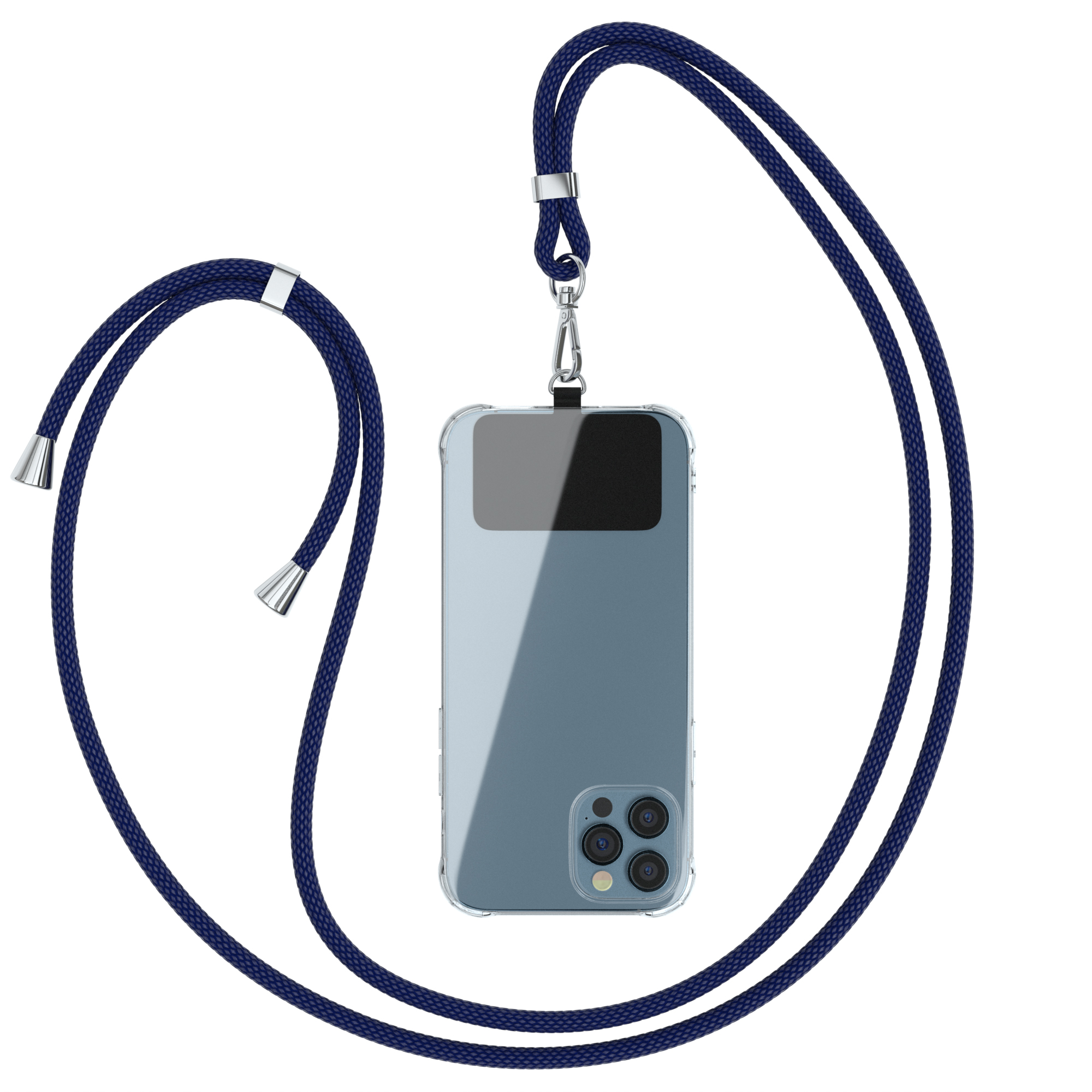 Telefon mit Lanyard. Transparente Hülle. Blaues Lanyard. Silberne Details.