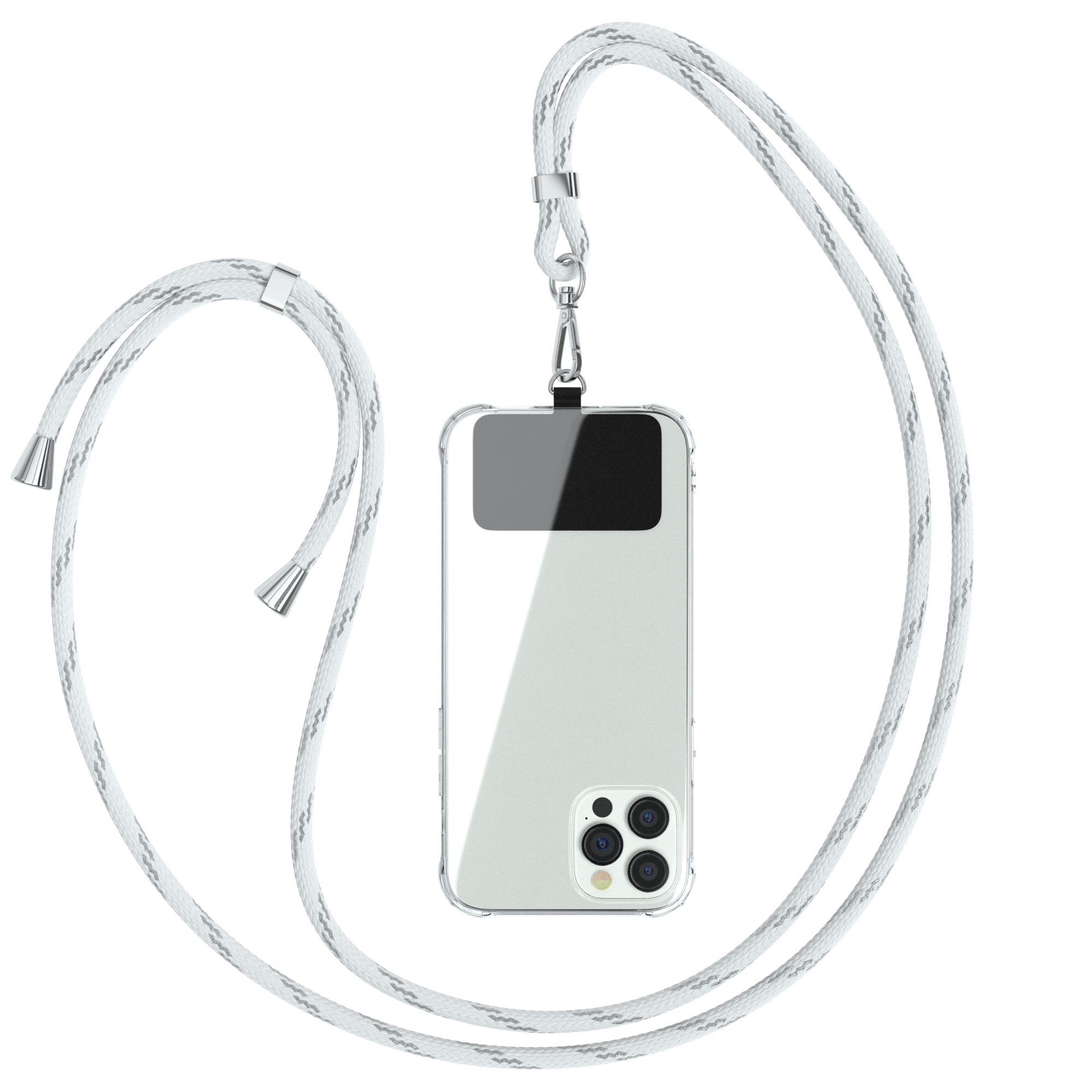Transparente Handyhülle mit weißem Umhängeband. Das Telefon ist mit Kamera sichtbar.