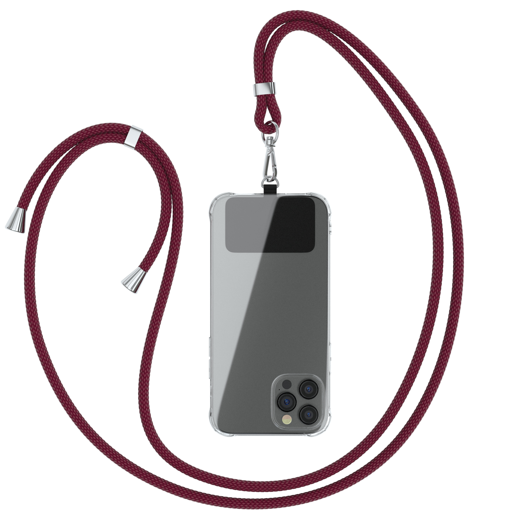 Eine transparente Handyhülle mit einem weinroten Umhängeband. Das Telefon ist zentriert, das Umhängeband hängt herunter.