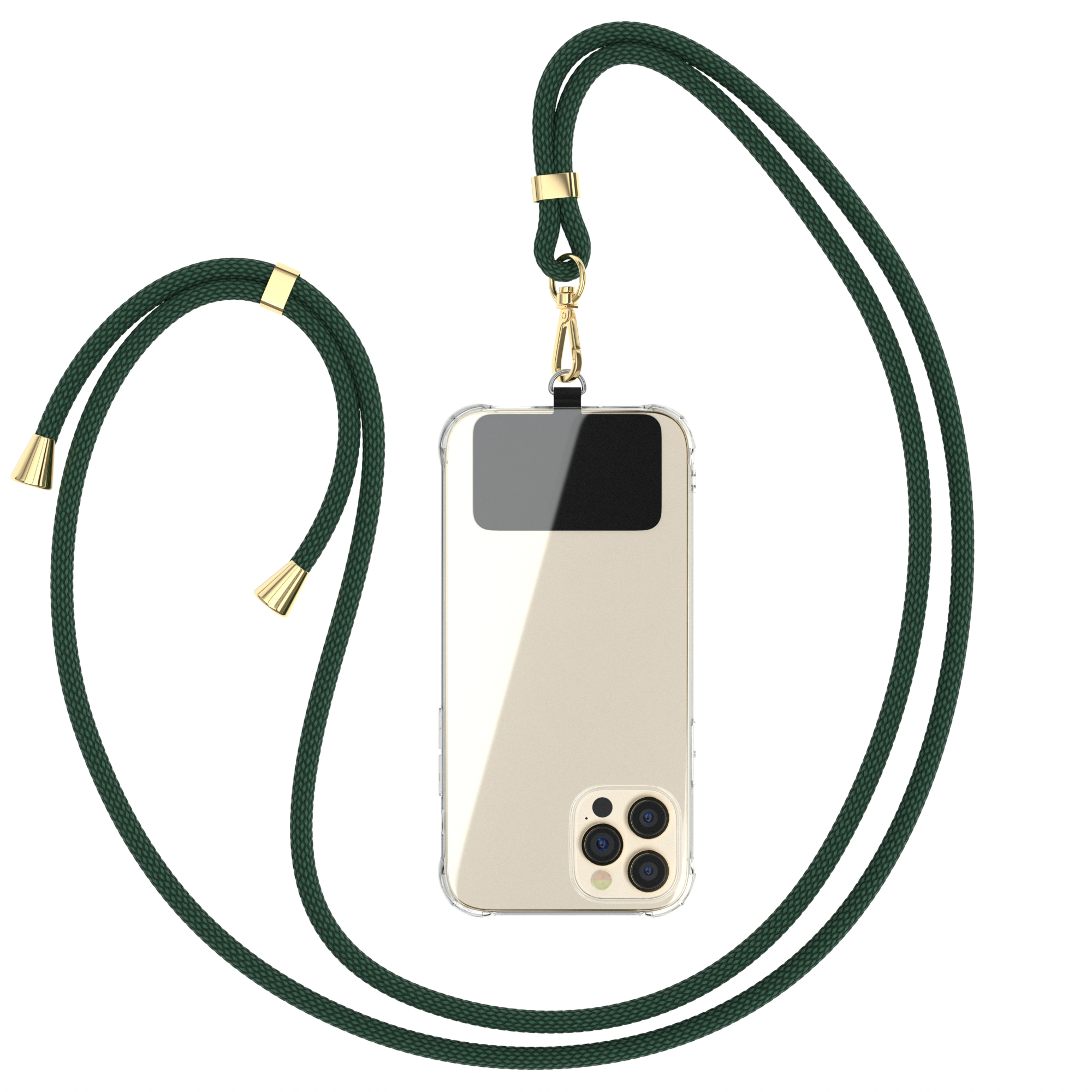 Grünes Telefon-Umhängeband mit klarer Handyhülle. Goldene Details. Isoliert auf weißem Hintergrund.