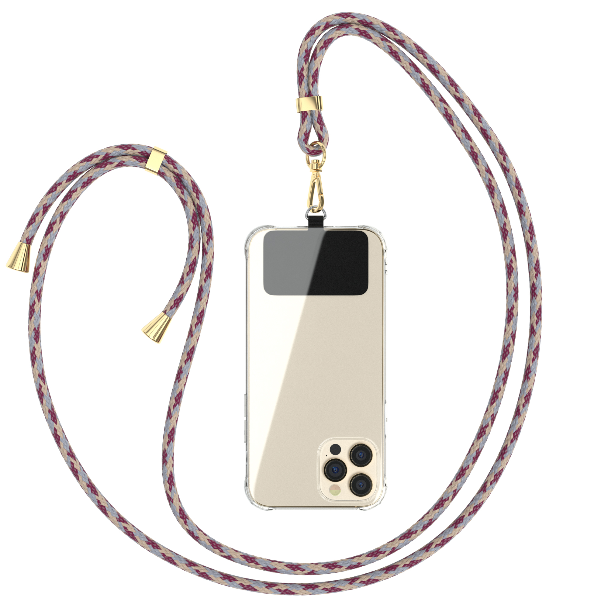 Transparente Handyhülle mit Lanyard. Das Lanyard ist lila und grau, mit goldenen Akzenten.