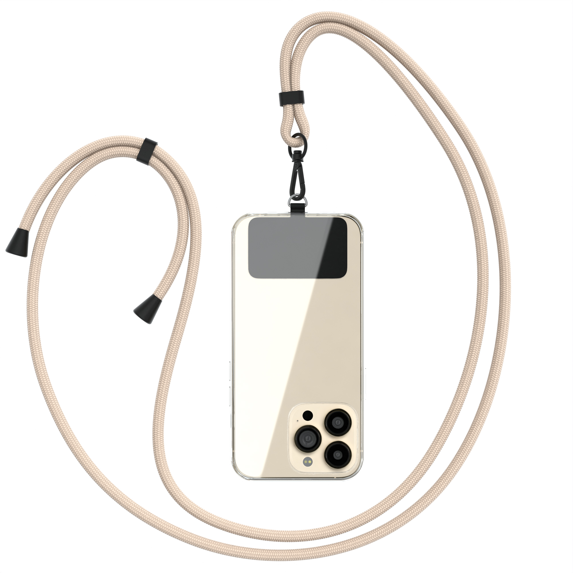 Telefon mit Lanyard. Telefon ist hell, mit Kameraanordnung. Lanyard ist beige mit schwarzen Details.