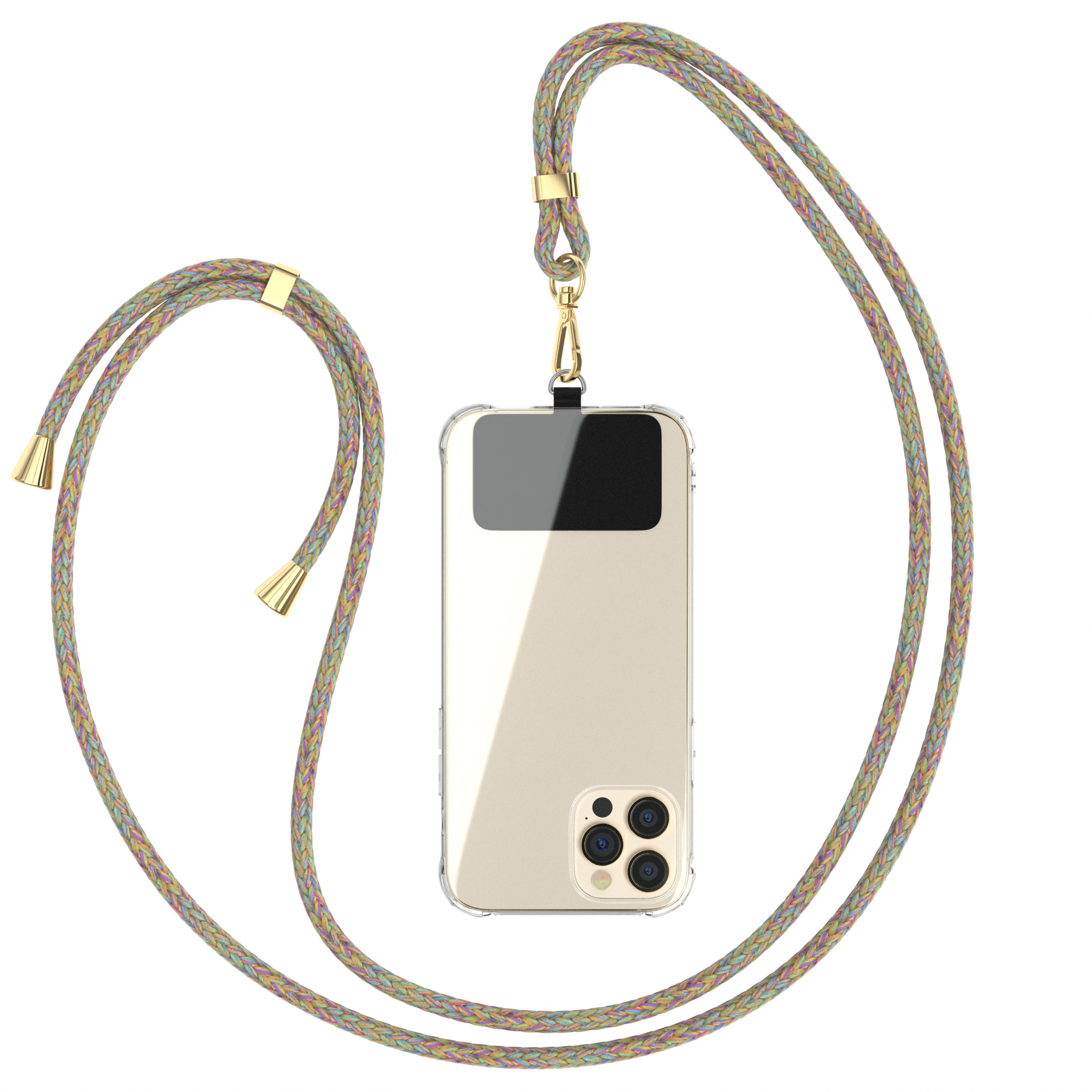 Transparente Handyhülle mit einem mehrfarbigen geflochtenen Umhängeband. Das Telefon ist im Inneren sichtbar.
