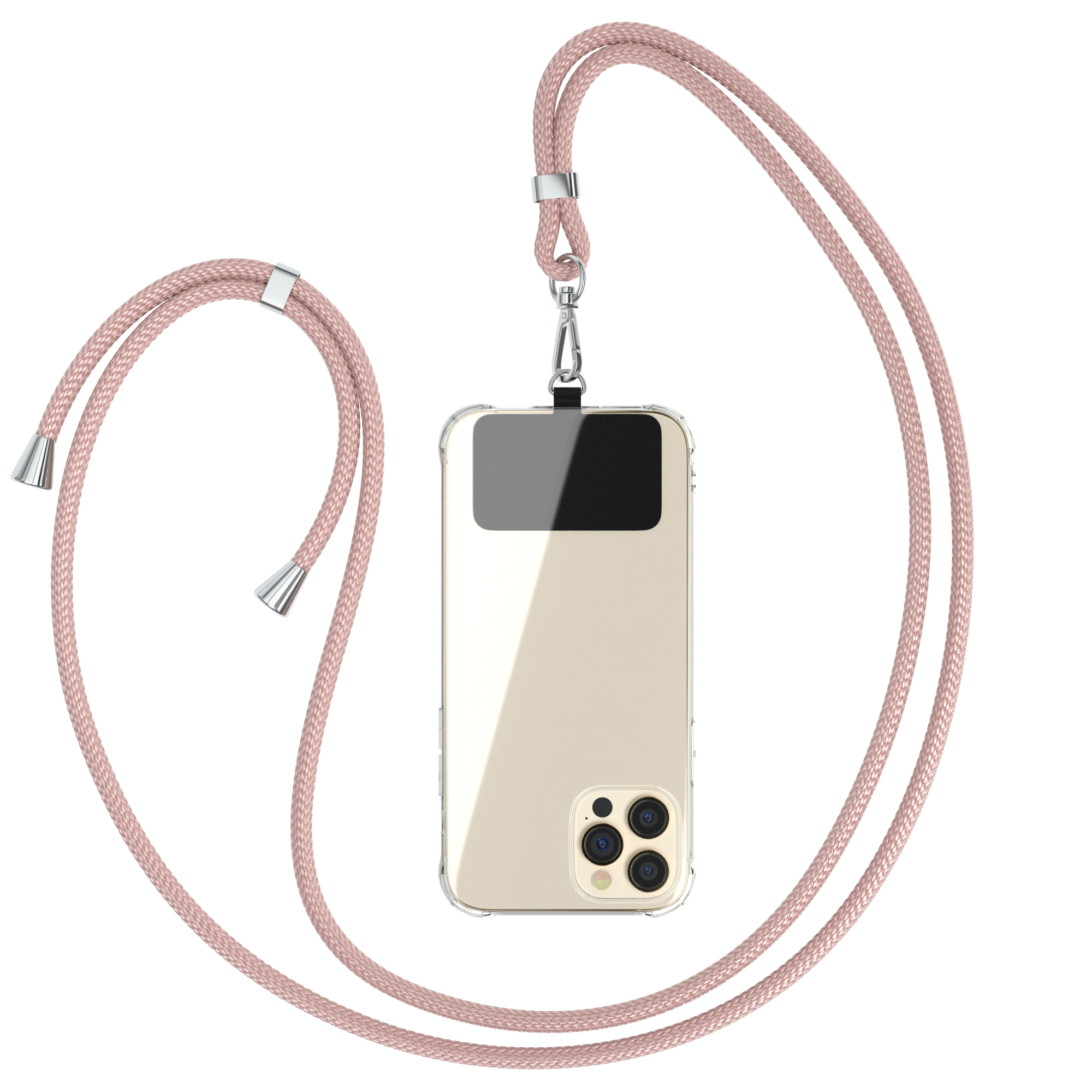 Eine transparente Handyhülle mit rosa Lanyard. Das Telefon ist sichtbar.