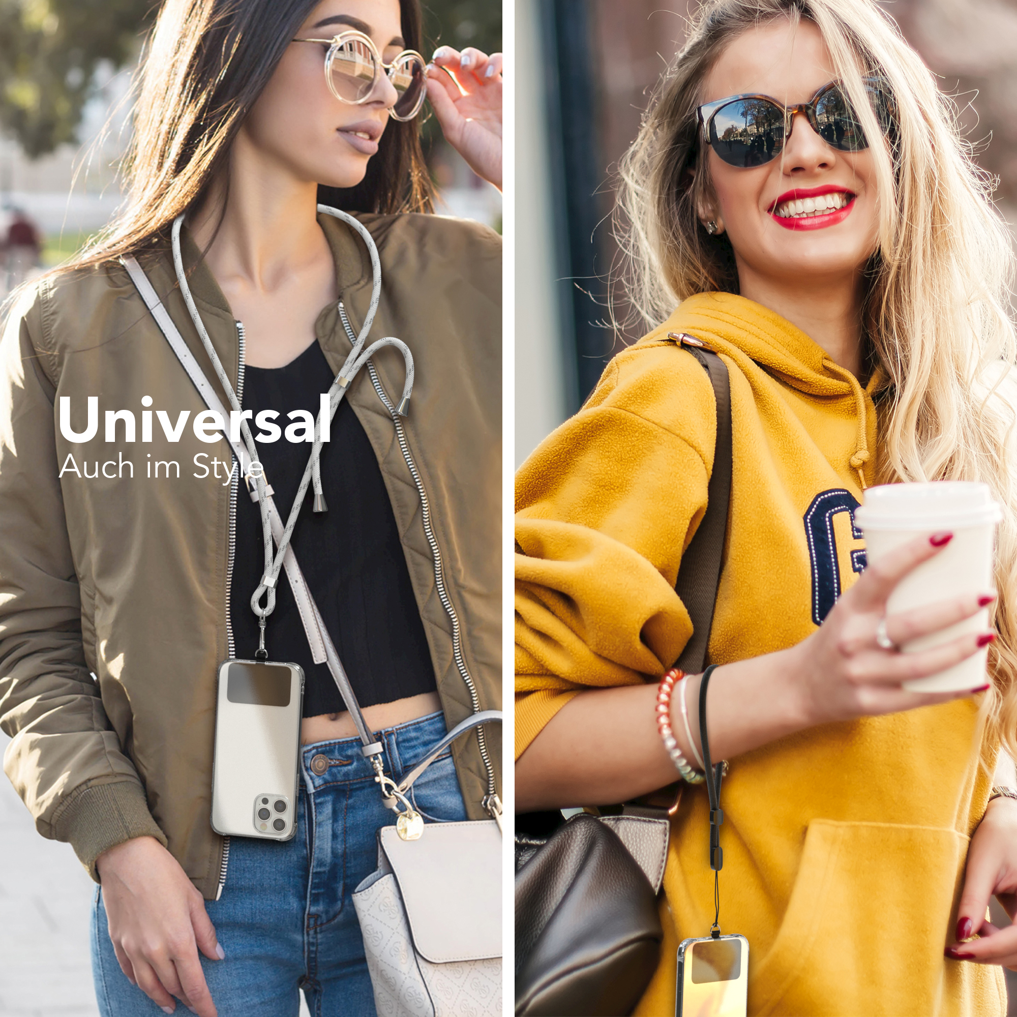 Zwei Frauen tragen Telefon-Lanyards, zeigen ein stilvolles Accessoire.