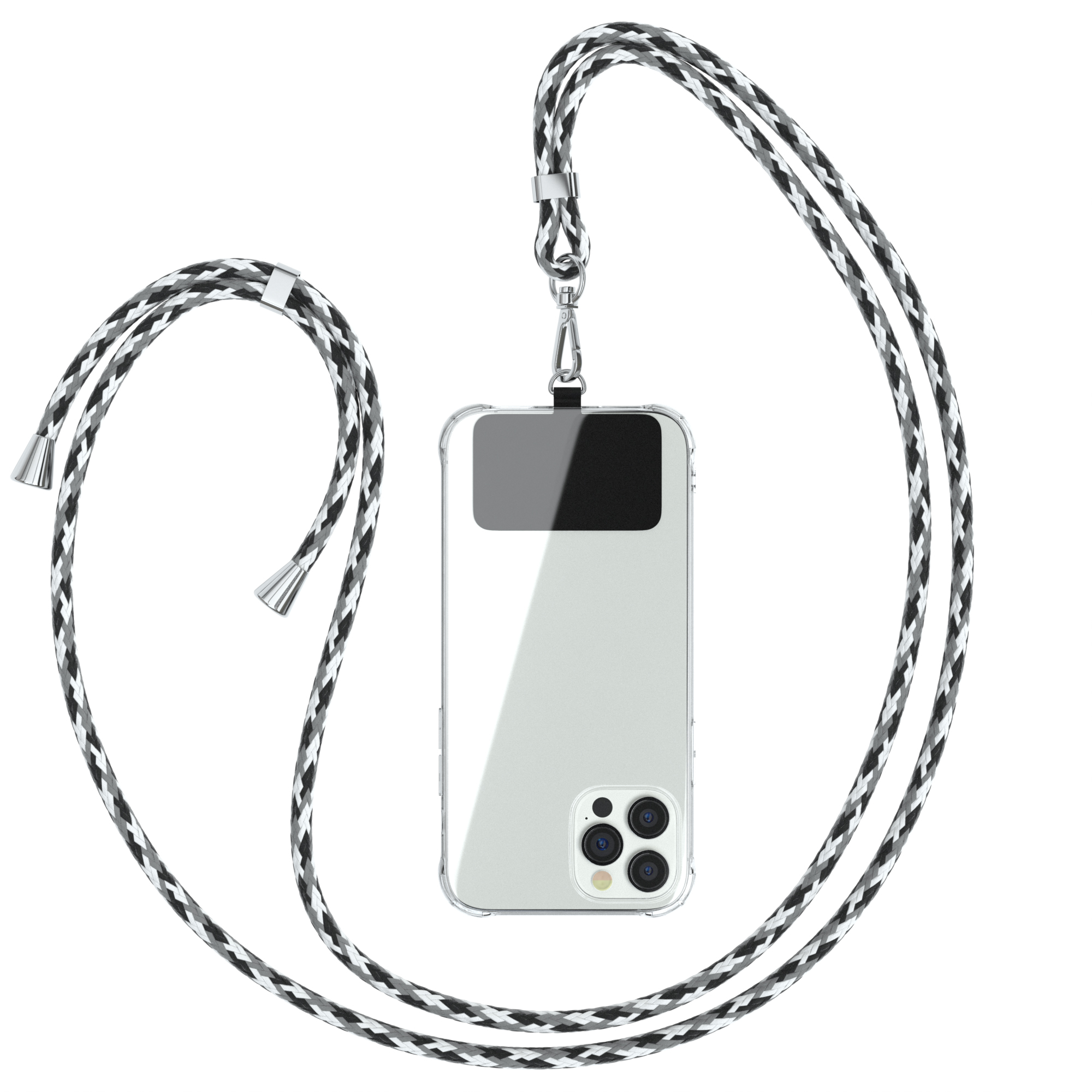 Telefon mit Umhängeband. Transparente Hülle, geflochtener Kordel, silberne Hardware. Weißer Hintergrund.
