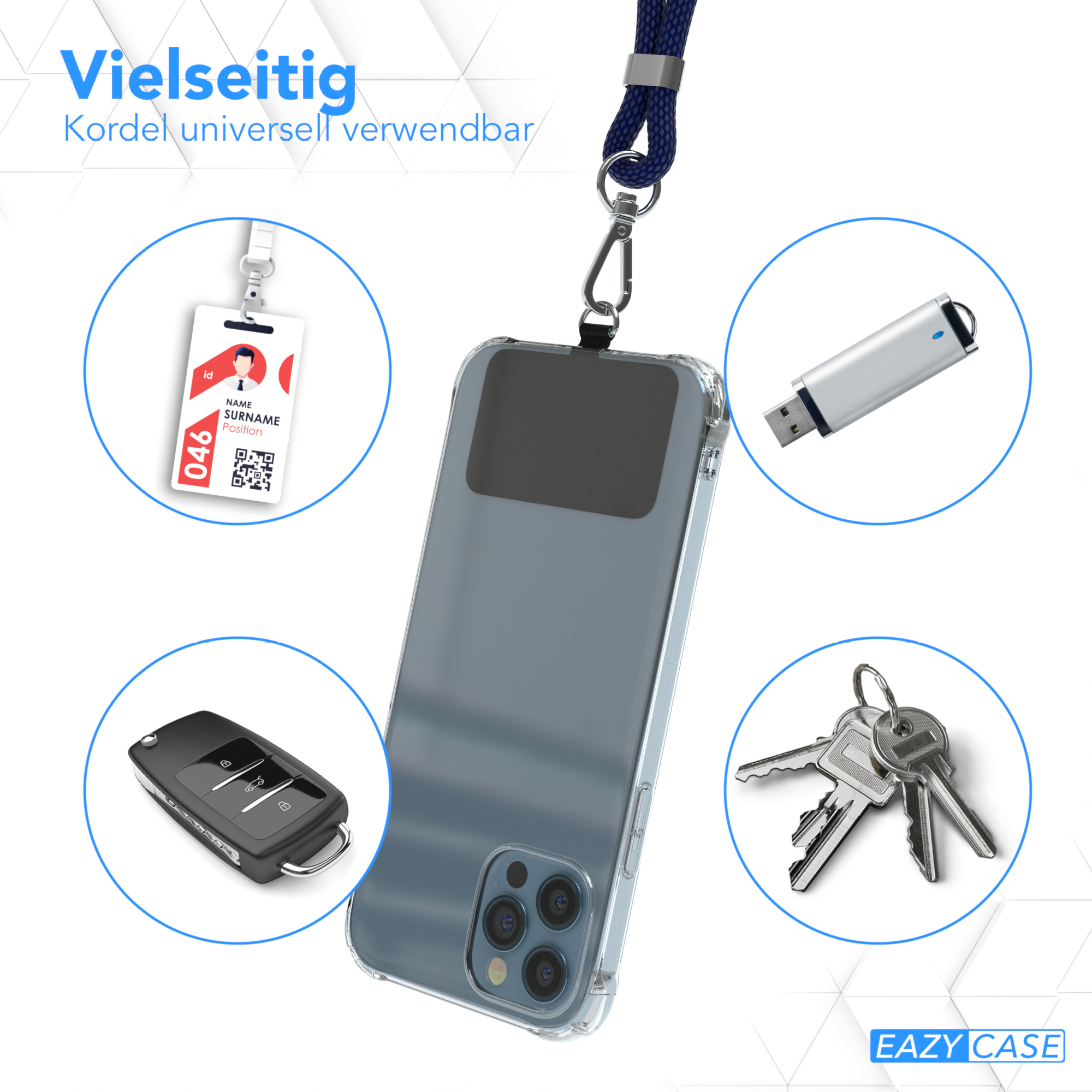 Ein Telefon mit Zubehör: Ausweis, Schlüssel, USB-Stick. Text lautet 'Vielseitig' und 'Eazy Case'.
